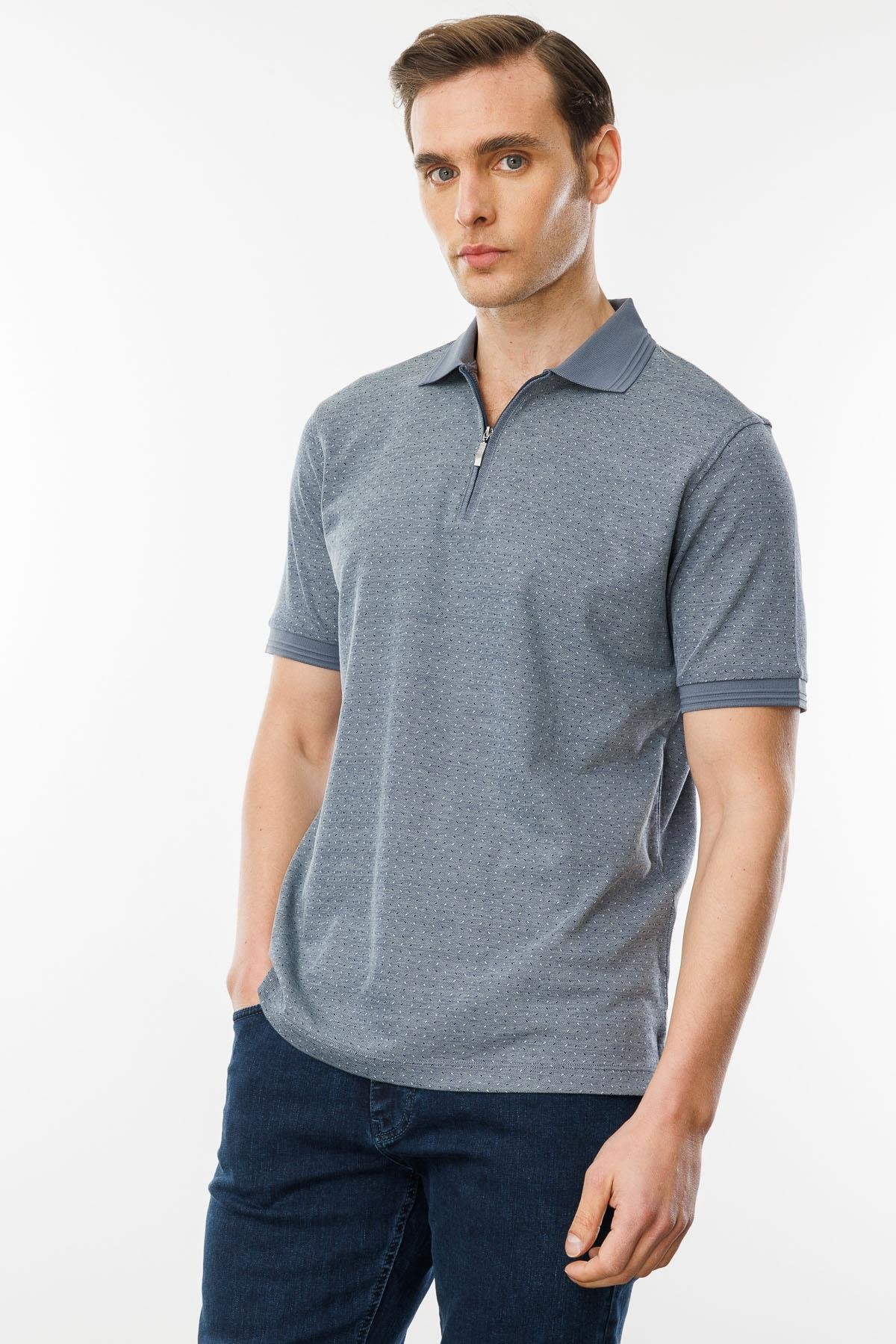 615Erkek Fermuarlı Jakarlı T-shirt Füme