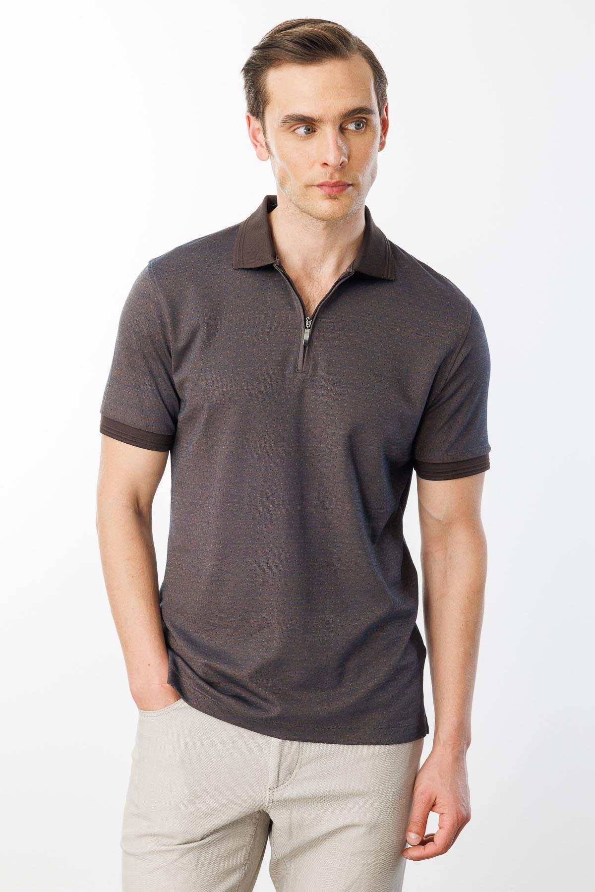 615Erkek Fermuarlı Jakarlı T-shirt Kahve
