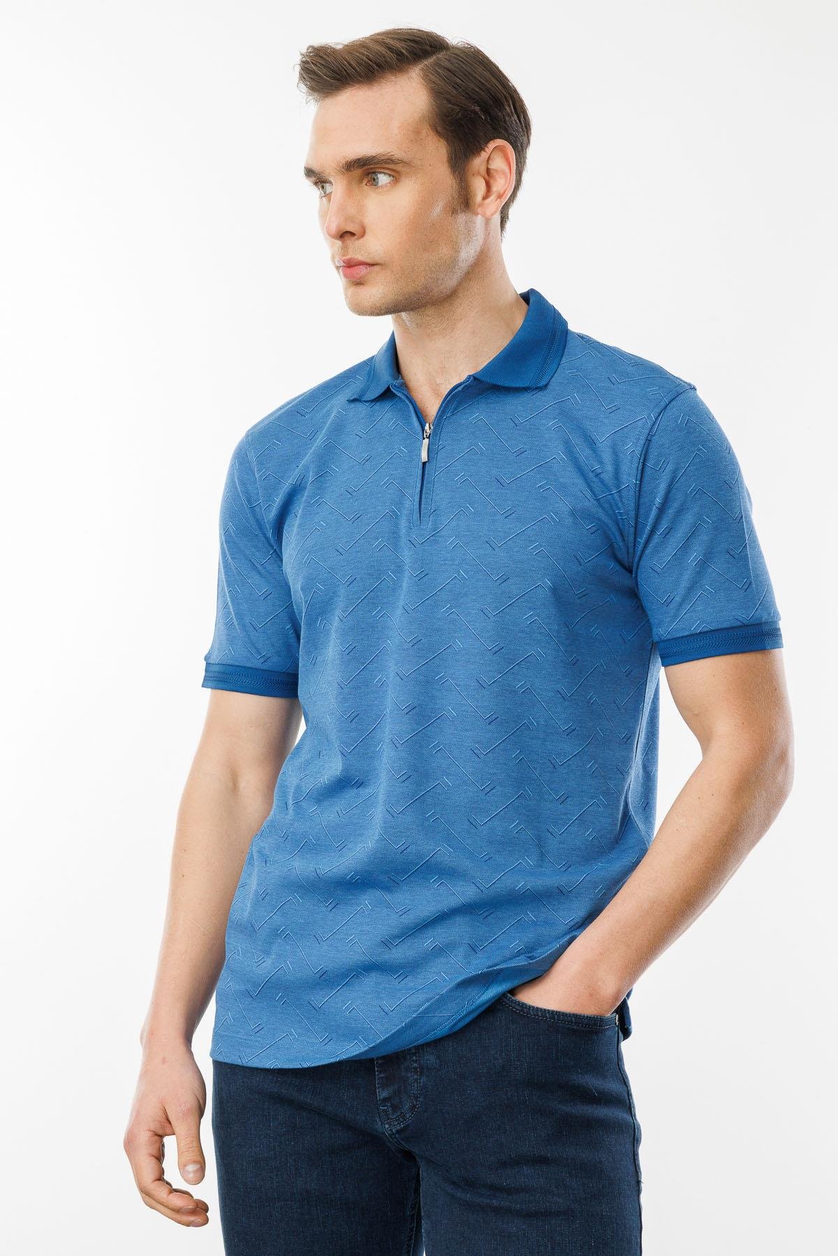 605Erkek Fermuarlı Jakarlı T-shirt Saks