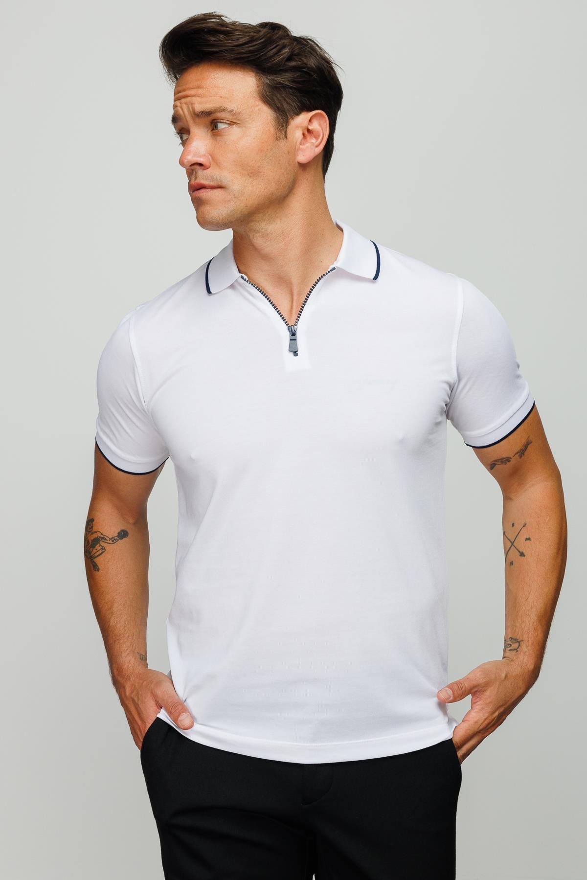 210Erkek Fermuarlı Polo Yaka T-shirt Beyaz