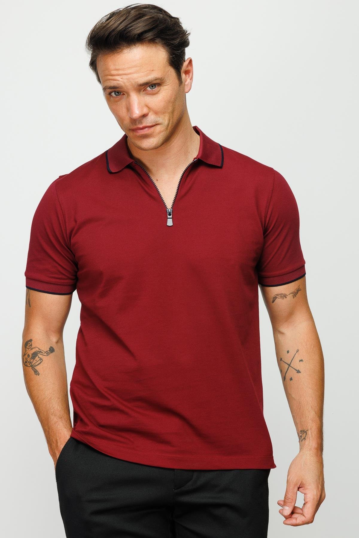 210Erkek Fermuarlı Polo Yaka T-shirt Bordo