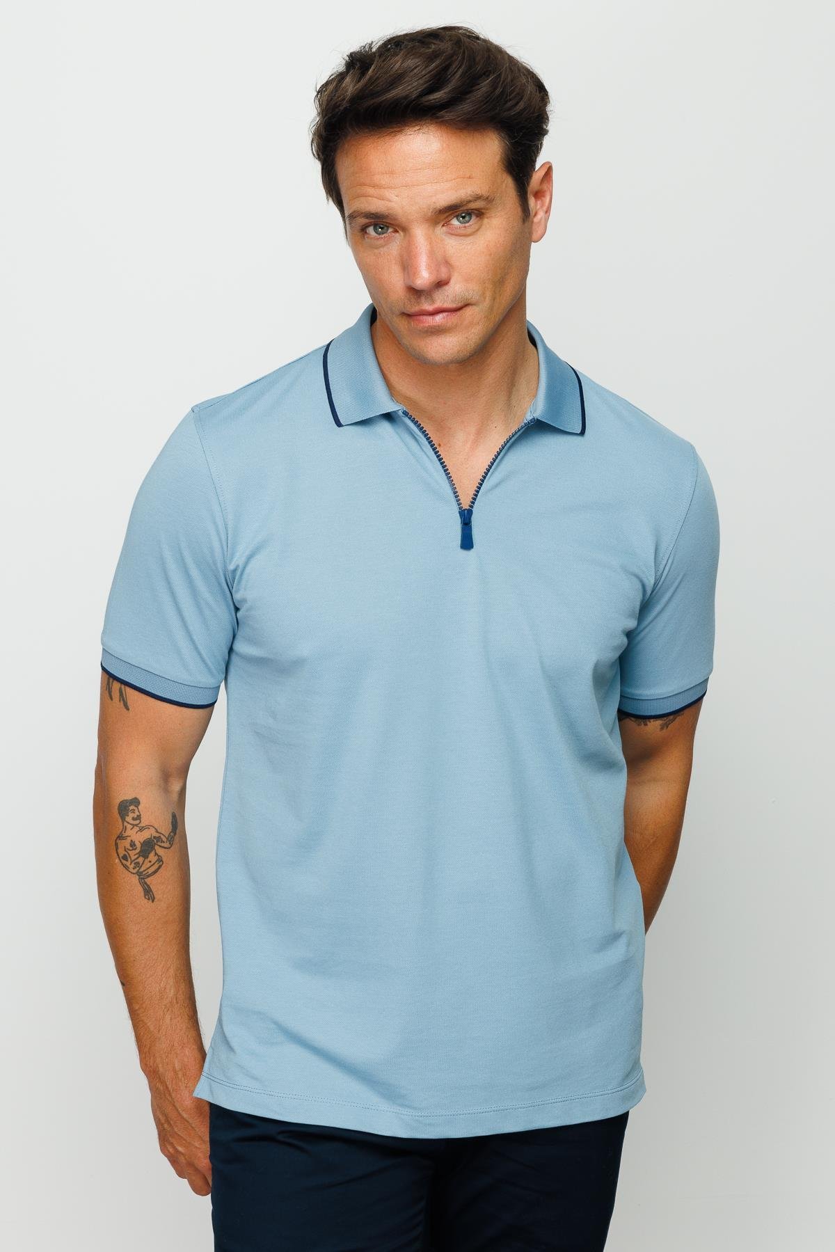210Erkek Fermuarlı Polo Yaka T-shirt H.Mavi