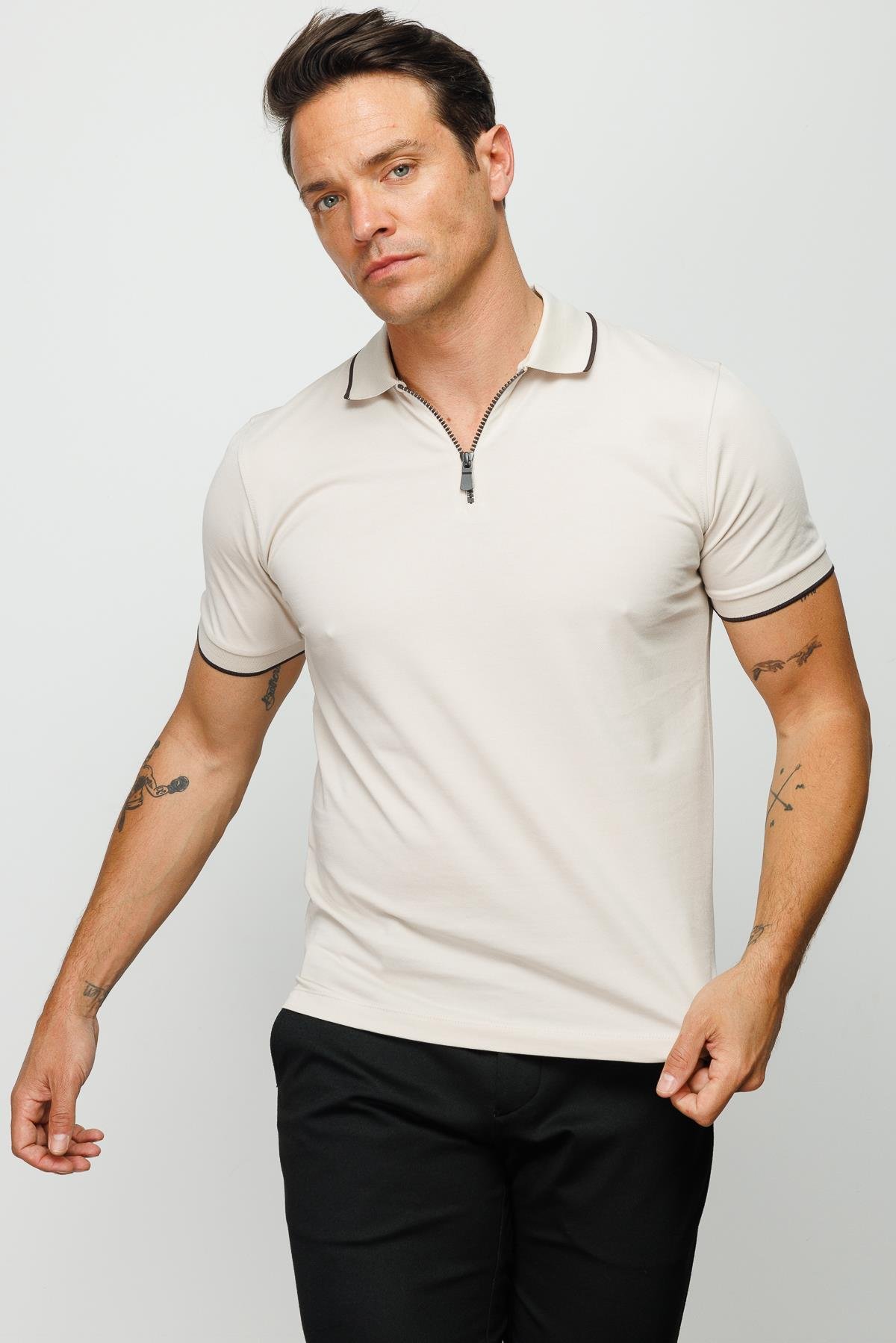 210Erkek Fermuarlı Polo Yaka T-shirt Taş