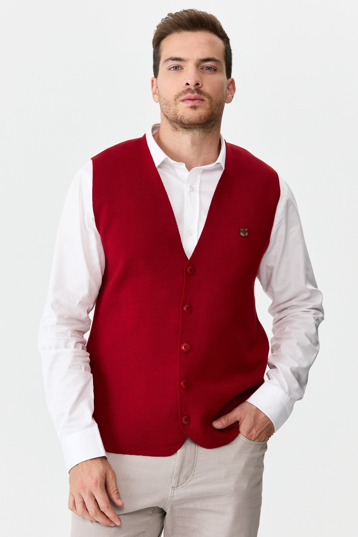 22511Erkek İnce Triko Düz Yelek Kırmızı