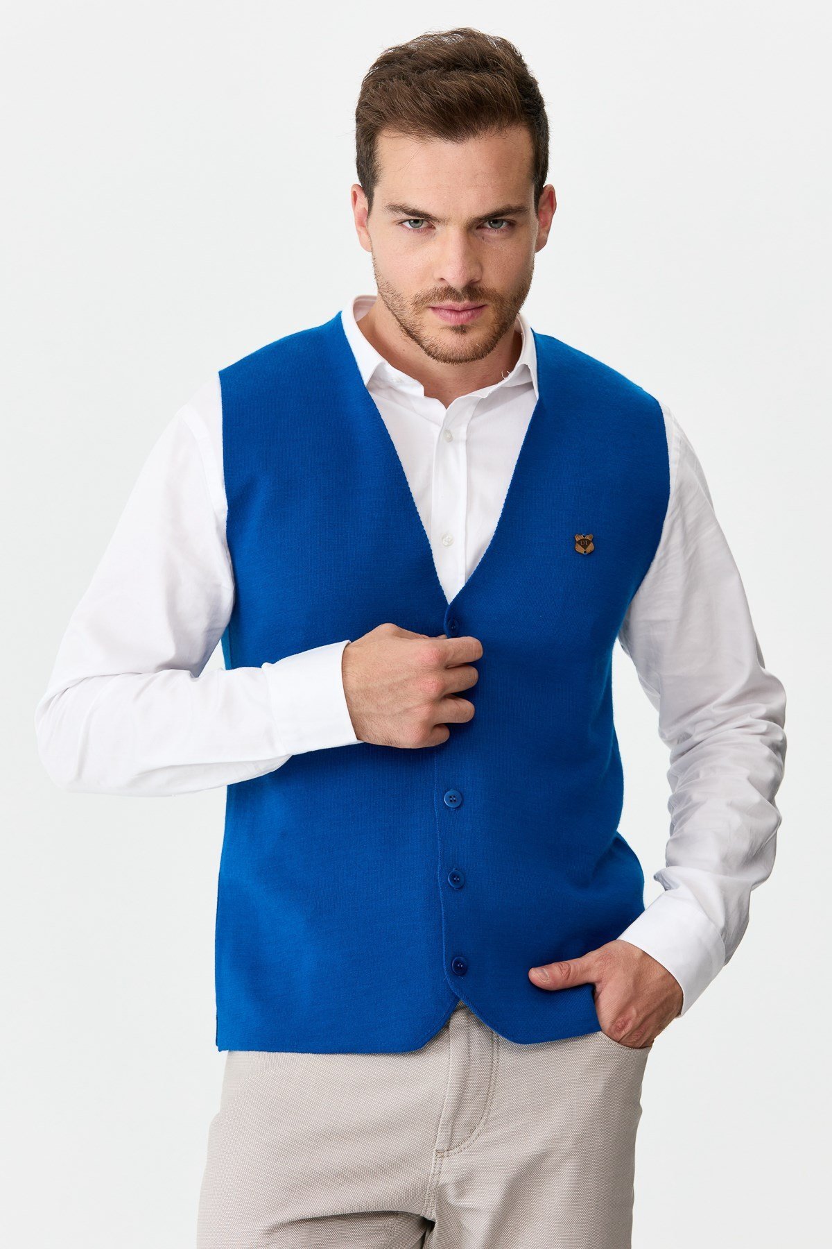 22511Erkek İnce Triko Düz Yelek Saks Mavi
