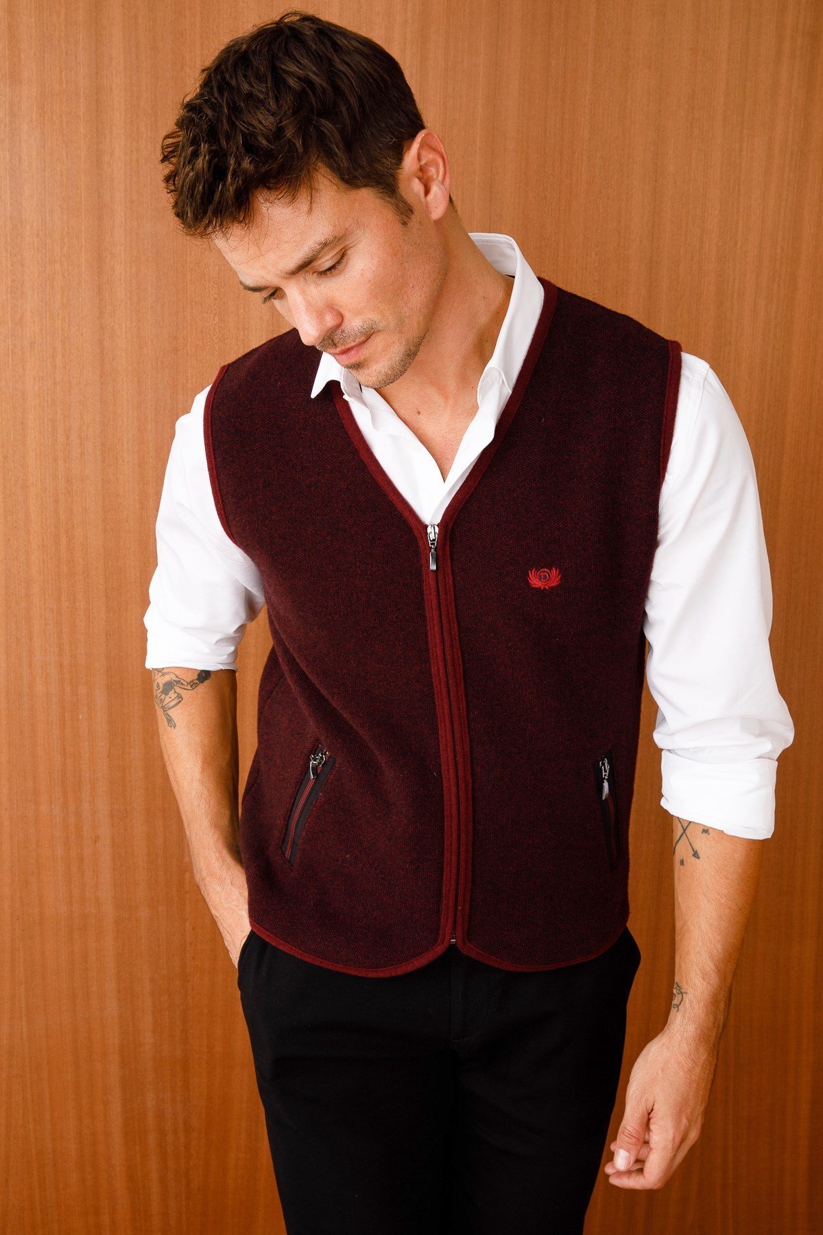 22517Erkek Pike Dokuma Fermuarlı Cepli Triko Yelek Bordo