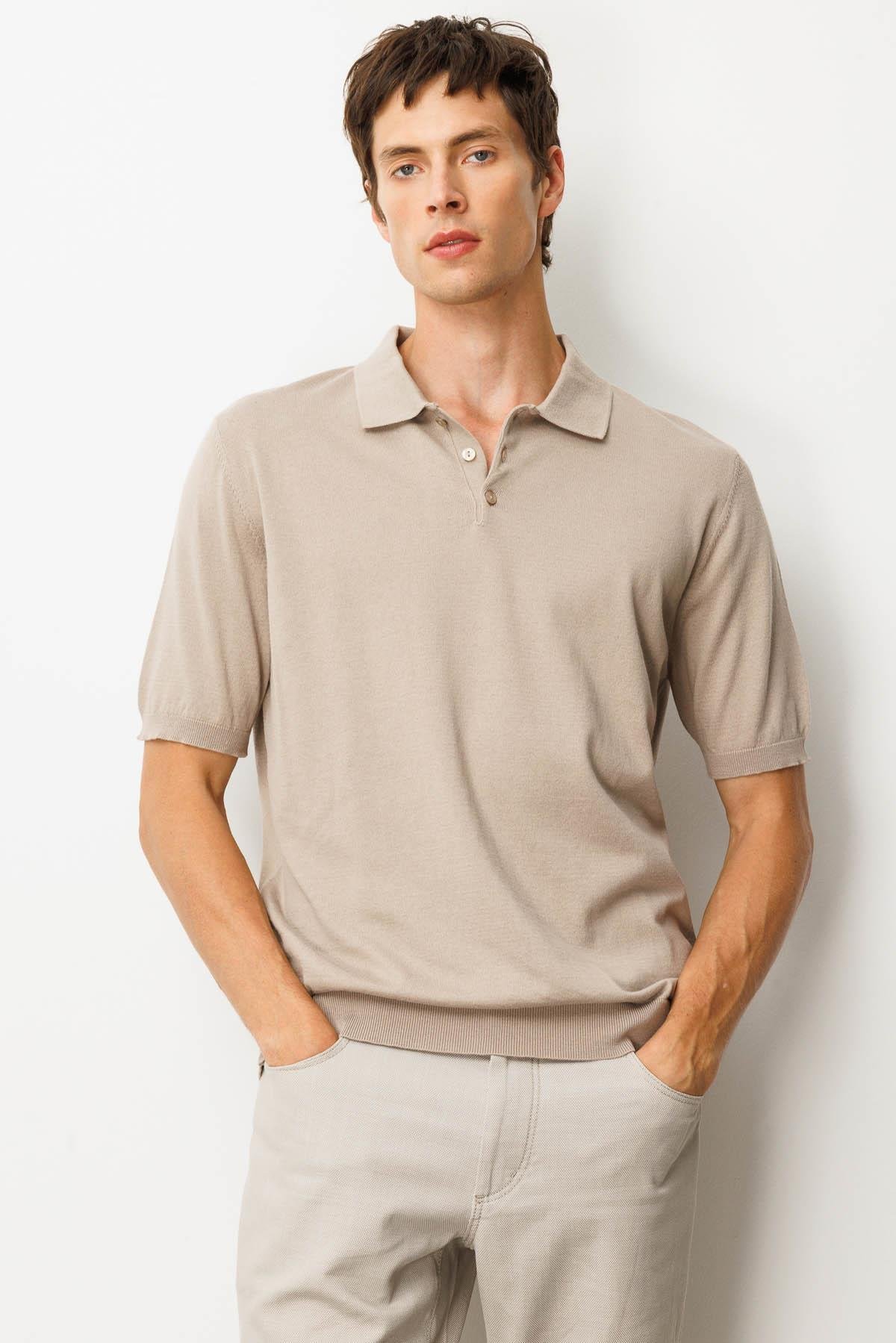 25390Erkek Polo Yaka %100 Pamuk Kısa Kol İnce Triko Vizon