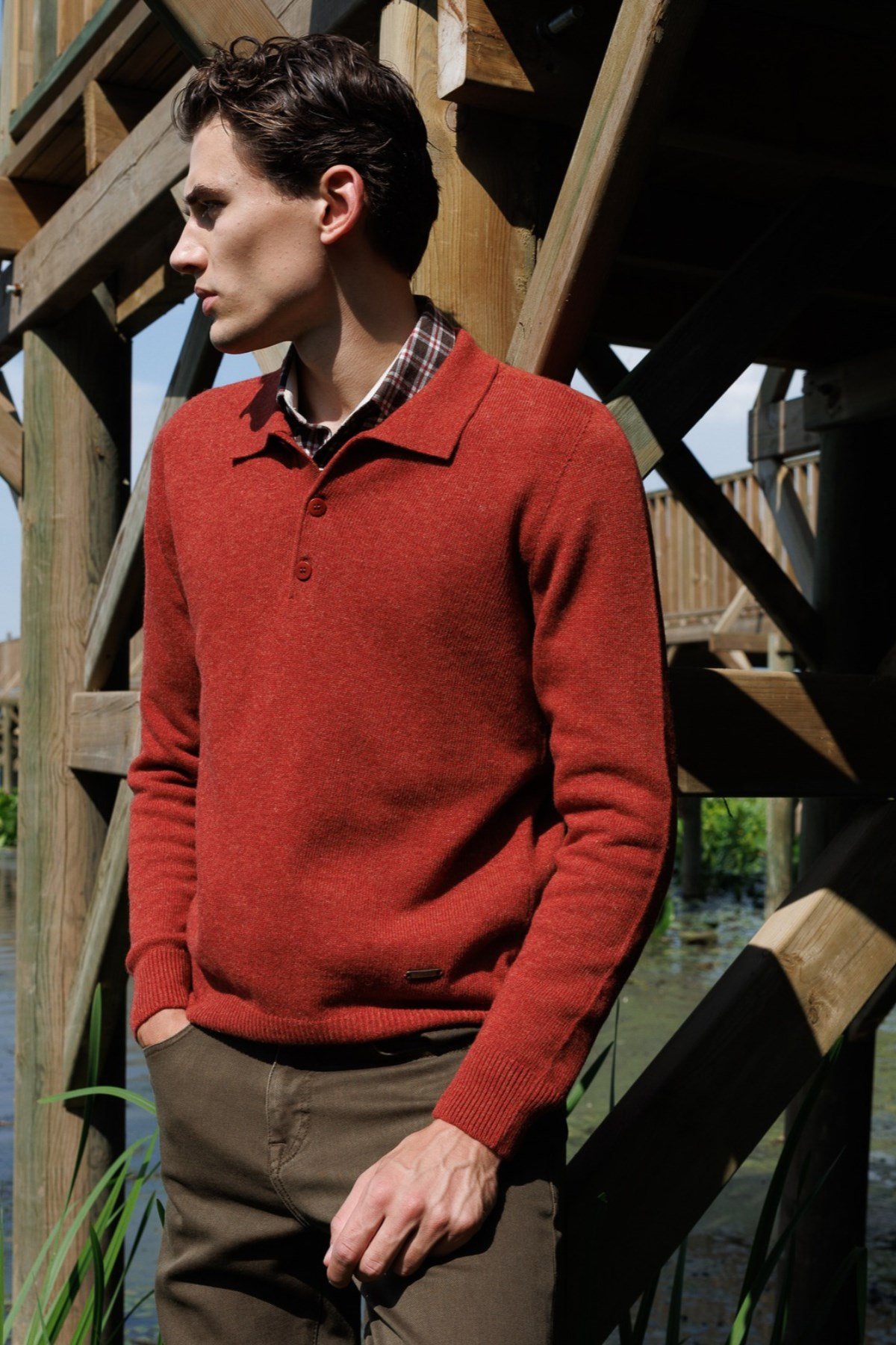 23528Erkek Polo Yaka Basic Yün Kazak Kiremit