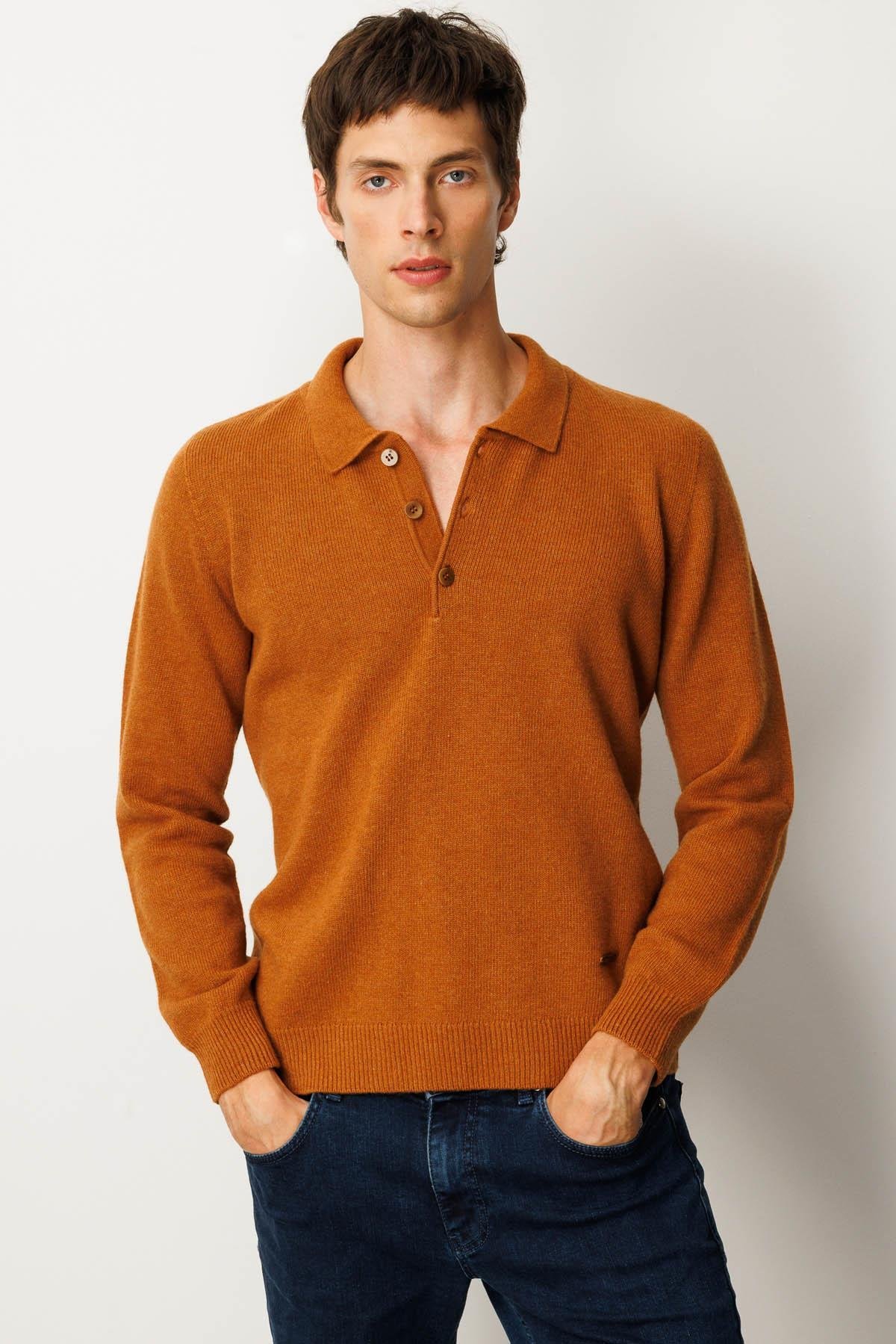 23528Erkek Polo Yaka Basic Yün Kazak Tarçın