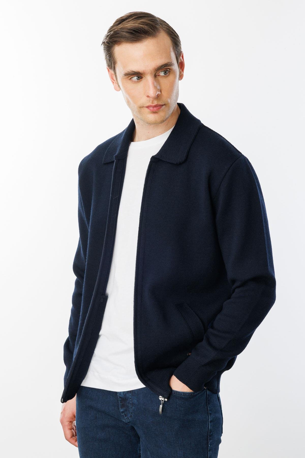 22531Erkek Polo Yaka Çelik Örgü Yün Ceket K.Lacivert