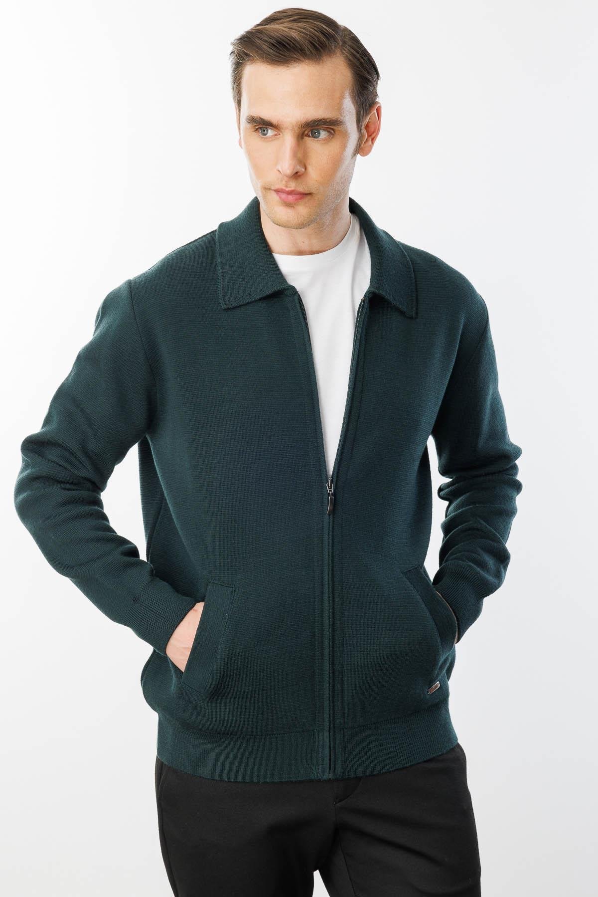 22531Erkek Polo Yaka Çelik Örgü Yün Ceket Yeşil