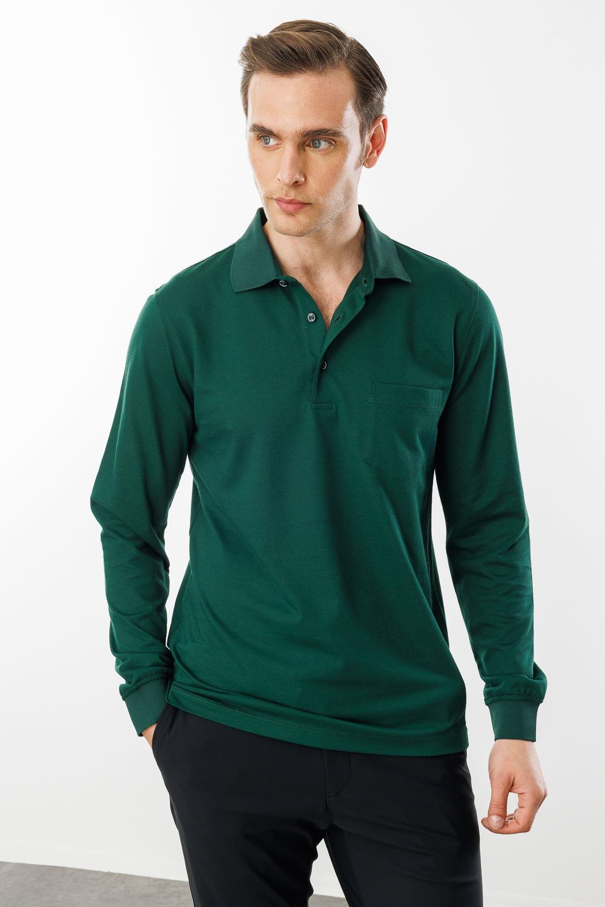 980Erkek Polo Yaka Cepli Uzun Kollu Sweatshirt Z.Yeşili