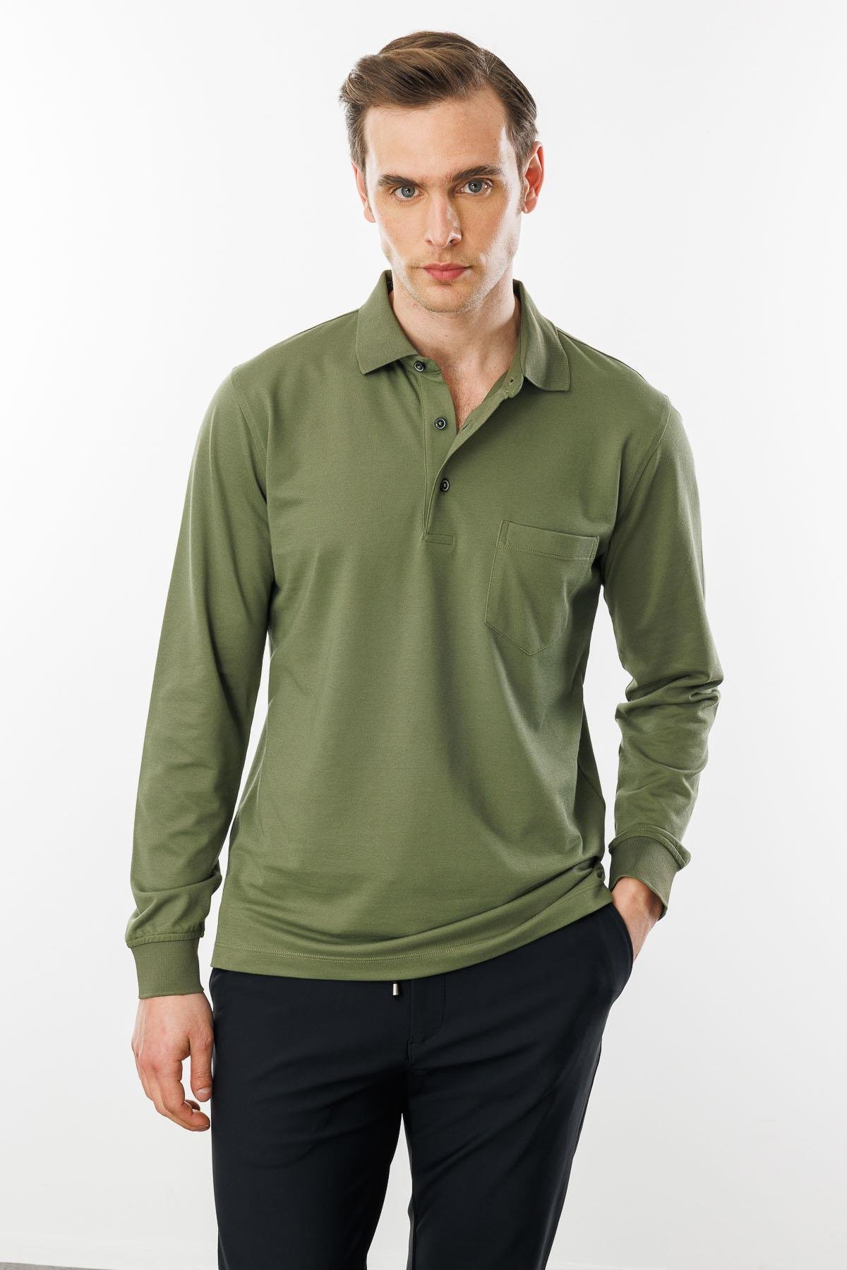 980Erkek Polo Yaka Cepli Uzun Kollu Sweatshirt Haki