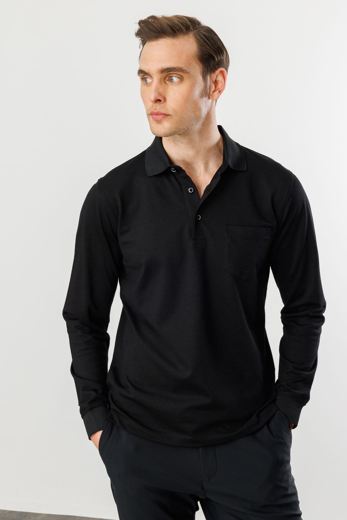 980Erkek Polo Yaka Cepli Uzun Kollu Sweatshirt Siyah