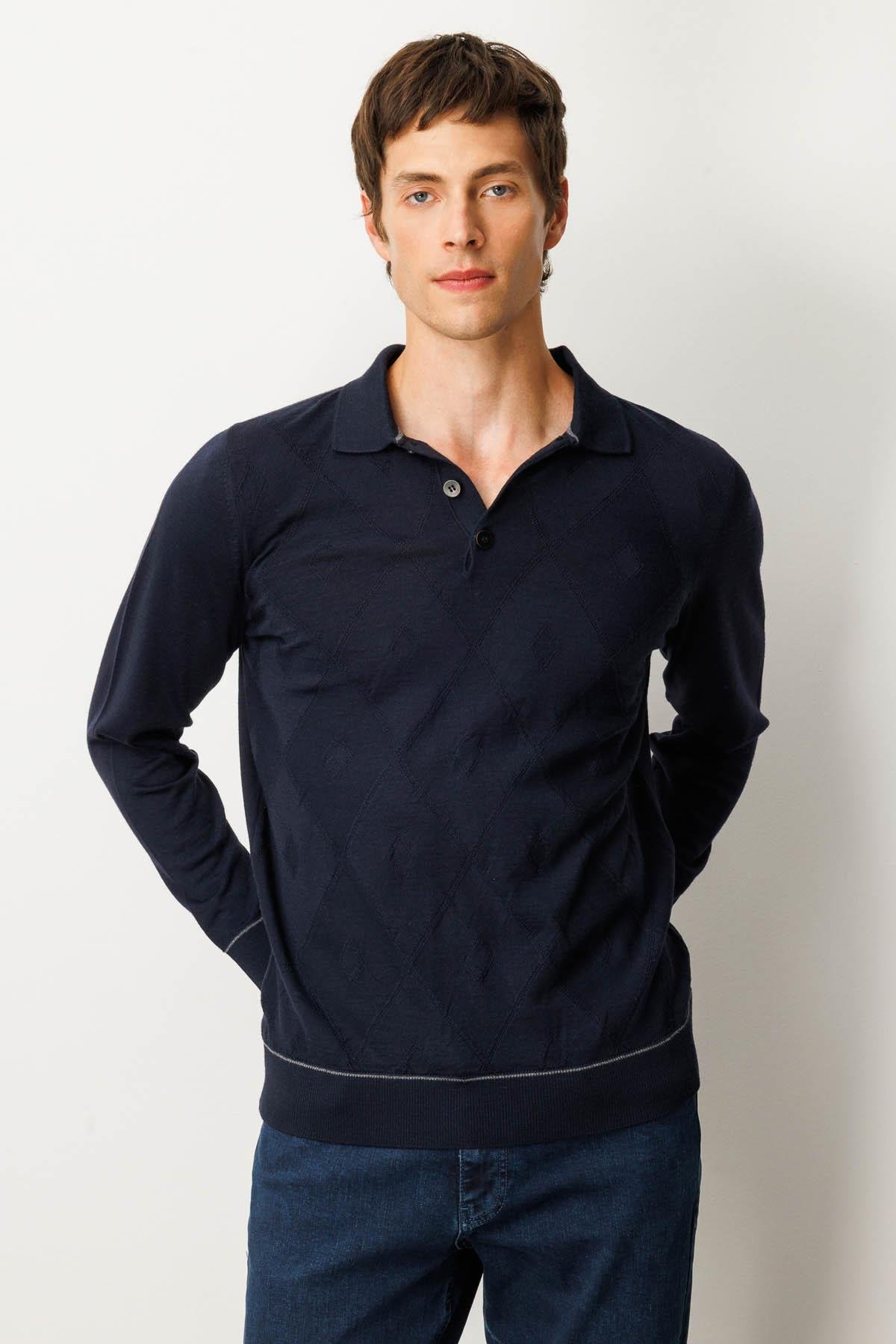 25606Erkek Polo Yaka Çizgili Baklavalı Yün Kazak K.Lacivert