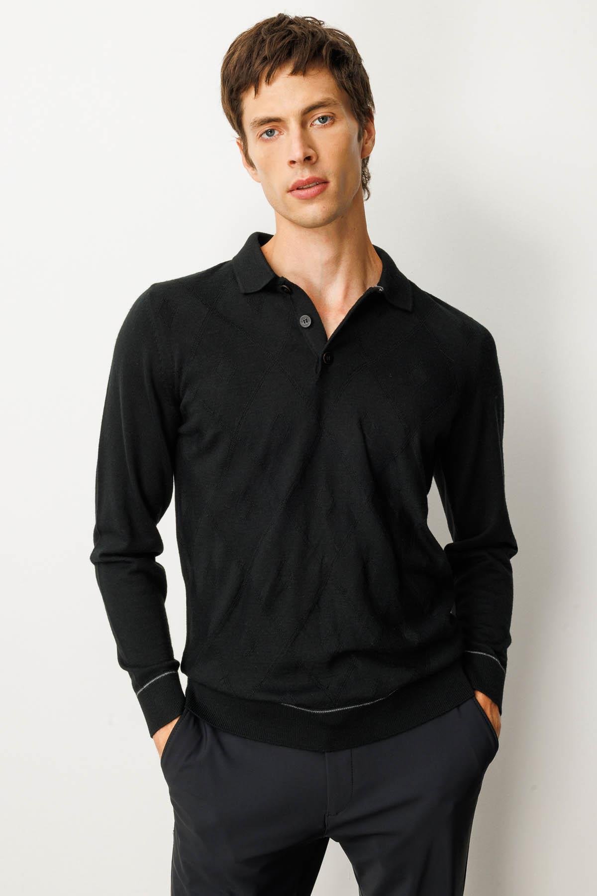 25606Erkek Polo Yaka Çizgili Baklavalı Yün Kazak Siyah