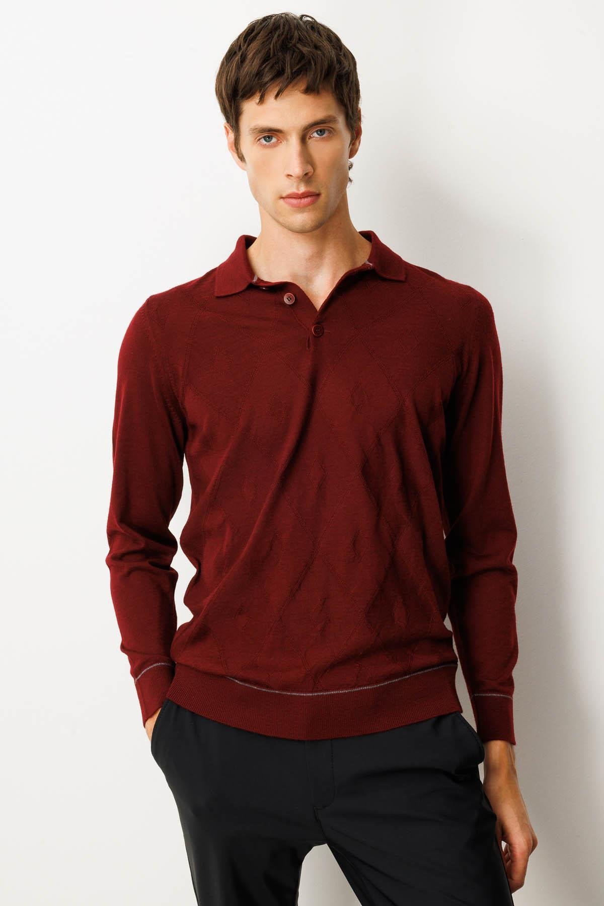 25606Erkek Polo Yaka Çizgili Baklavalı Yün Kazak Bordo