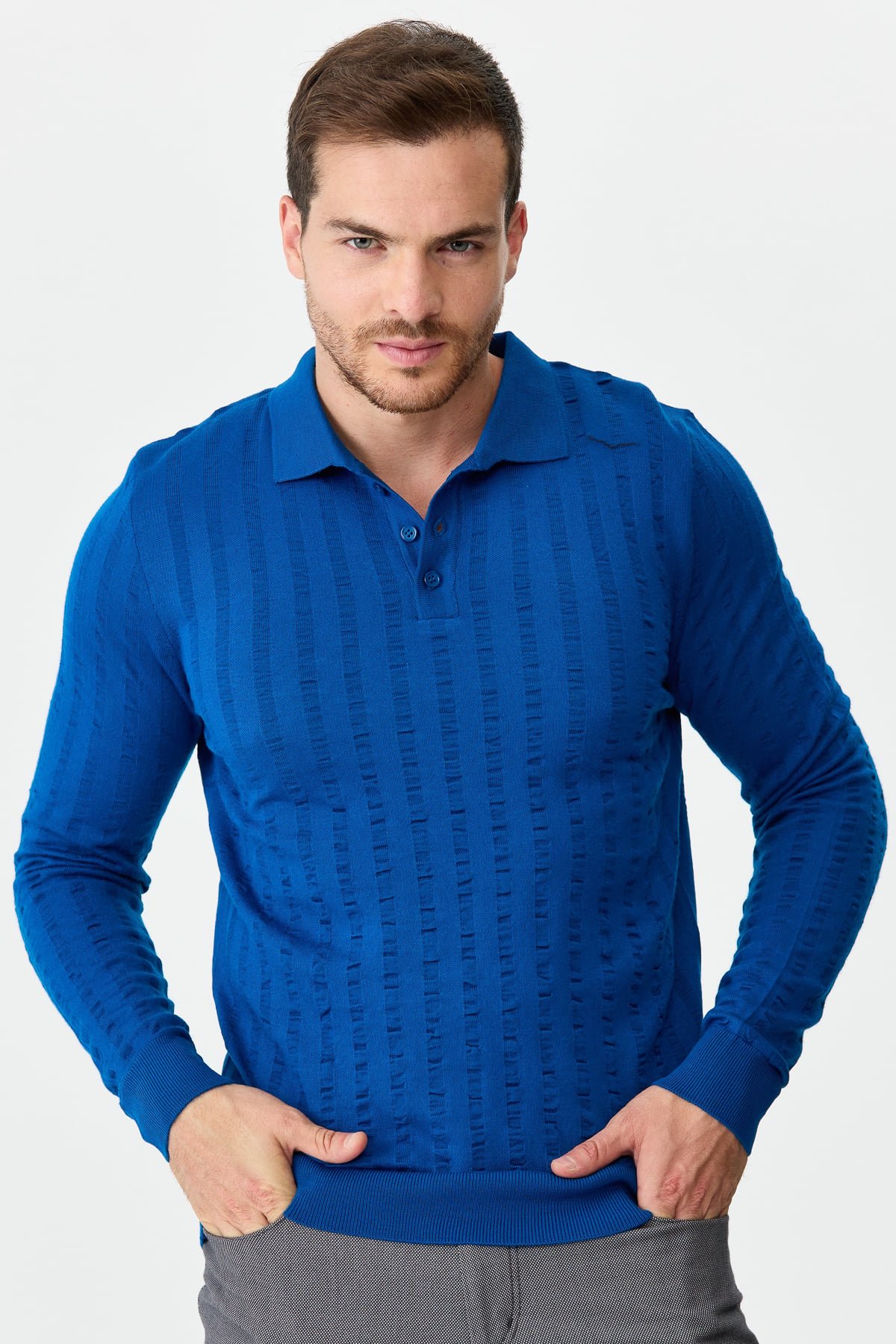 21627Erkek Polo Yaka Dalgalı Çizgili Kazak Saks Mavi
