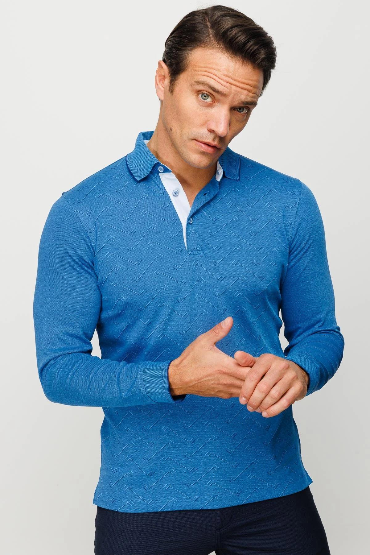 705Erkek Polo Yaka Desenli Uzun Kollu Sweatshirt Saks