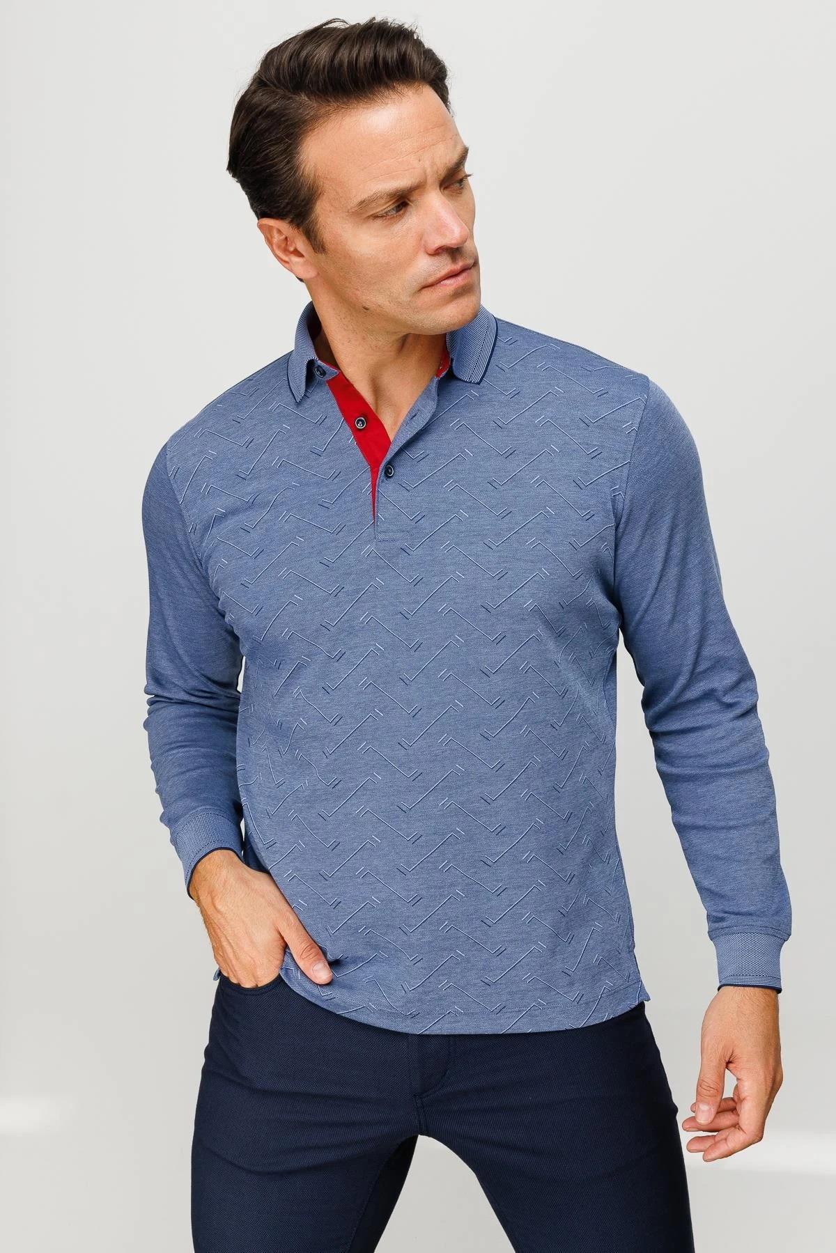 705Erkek Polo Yaka Desenli Uzun Kollu Sweatshirt Lacivert