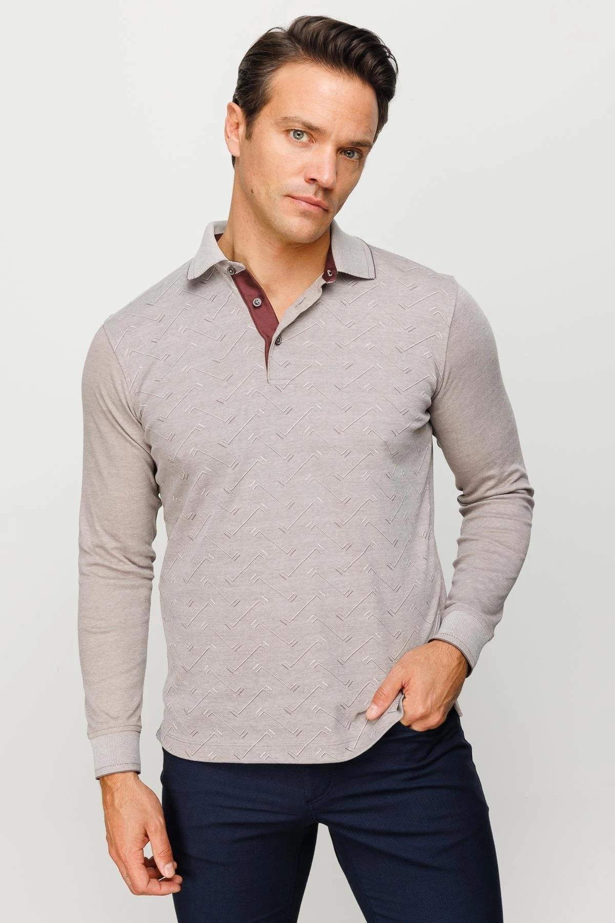 705Erkek Polo Yaka Desenli Uzun Kollu Sweatshirt Bej