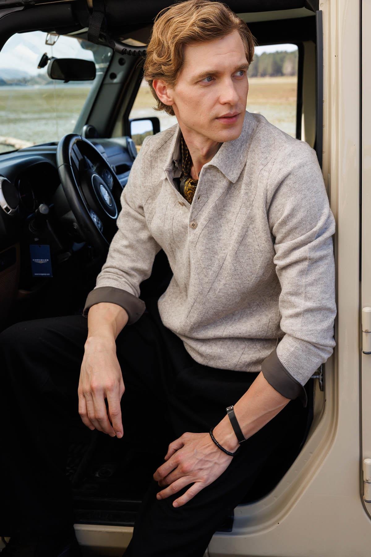 25507Erkek Polo Yaka Hasır Örgü Baklava Yürütmeli Yün Kazak V.Bej