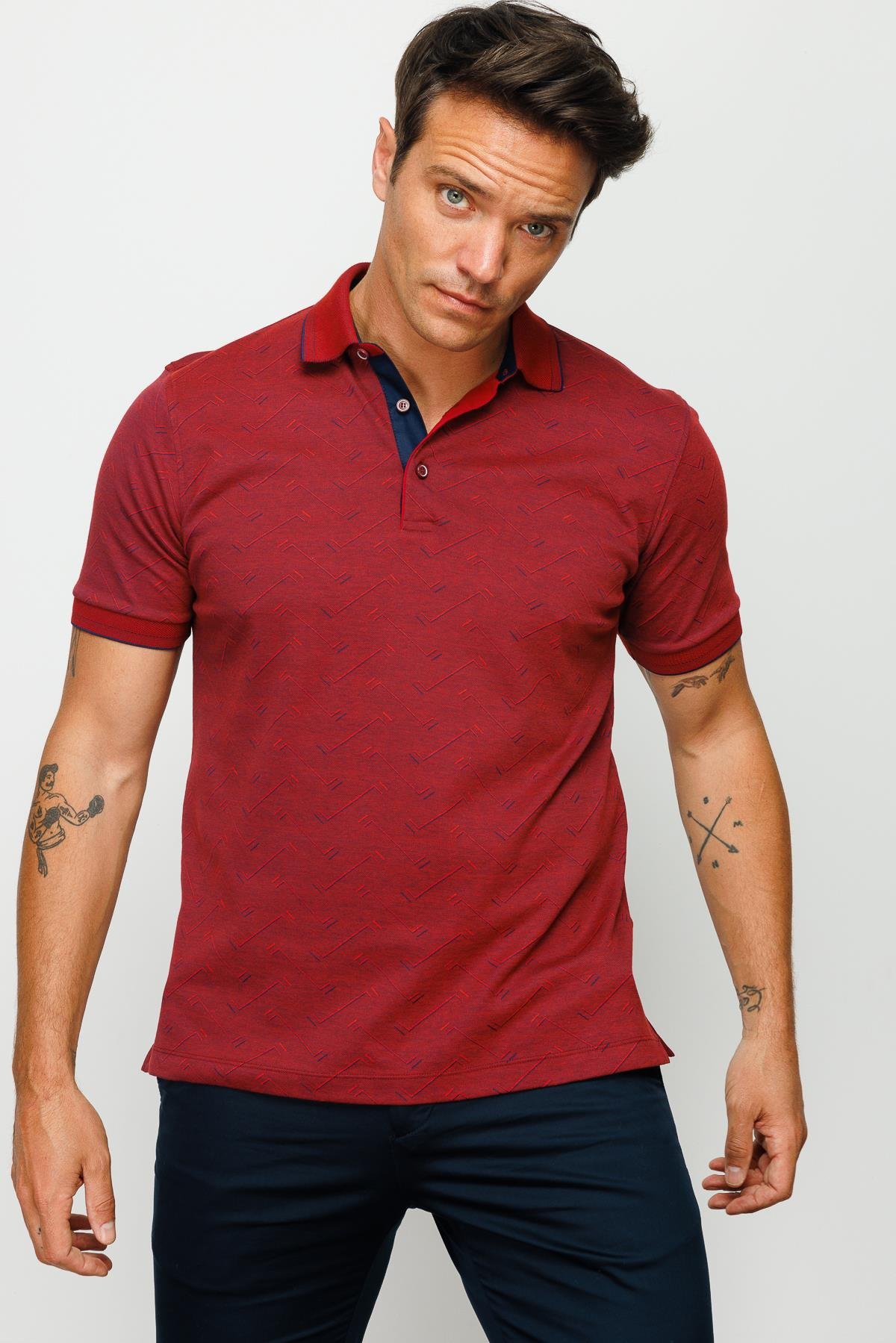 805Erkek Polo Yaka Jakarlı Düğmeli T-shirt Bordo