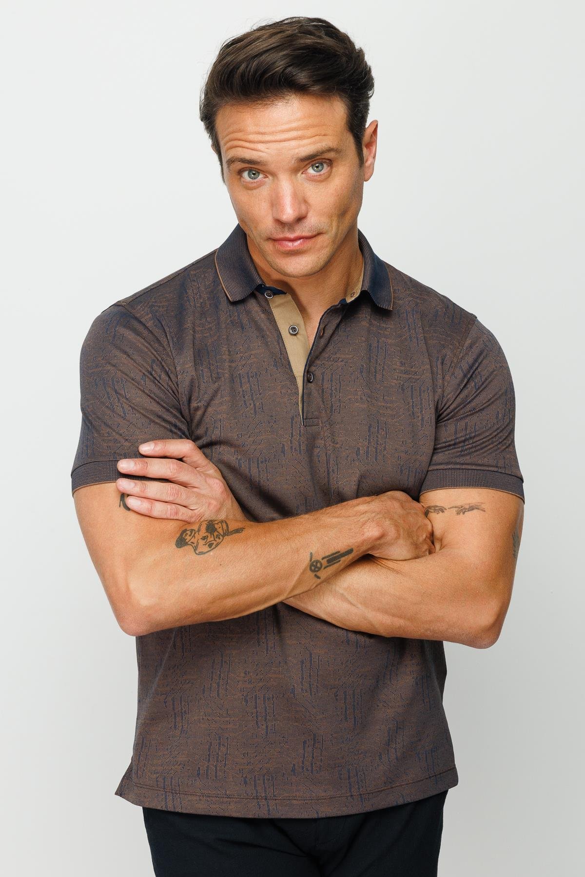 810Erkek Polo Yaka Jakarlı Kısa Kollu T-shirt Kahve