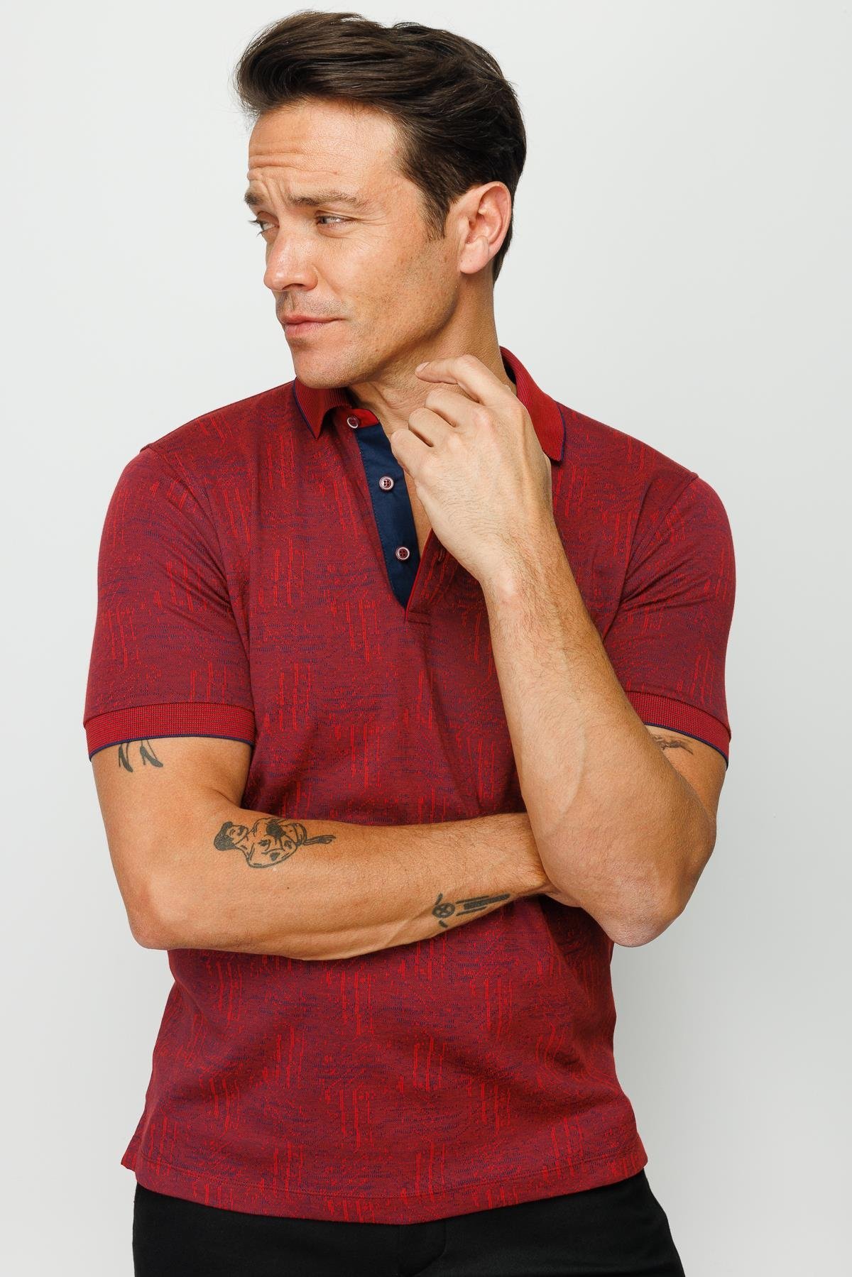 810Erkek Polo Yaka Jakarlı Kısa Kollu T-shirt Bordo