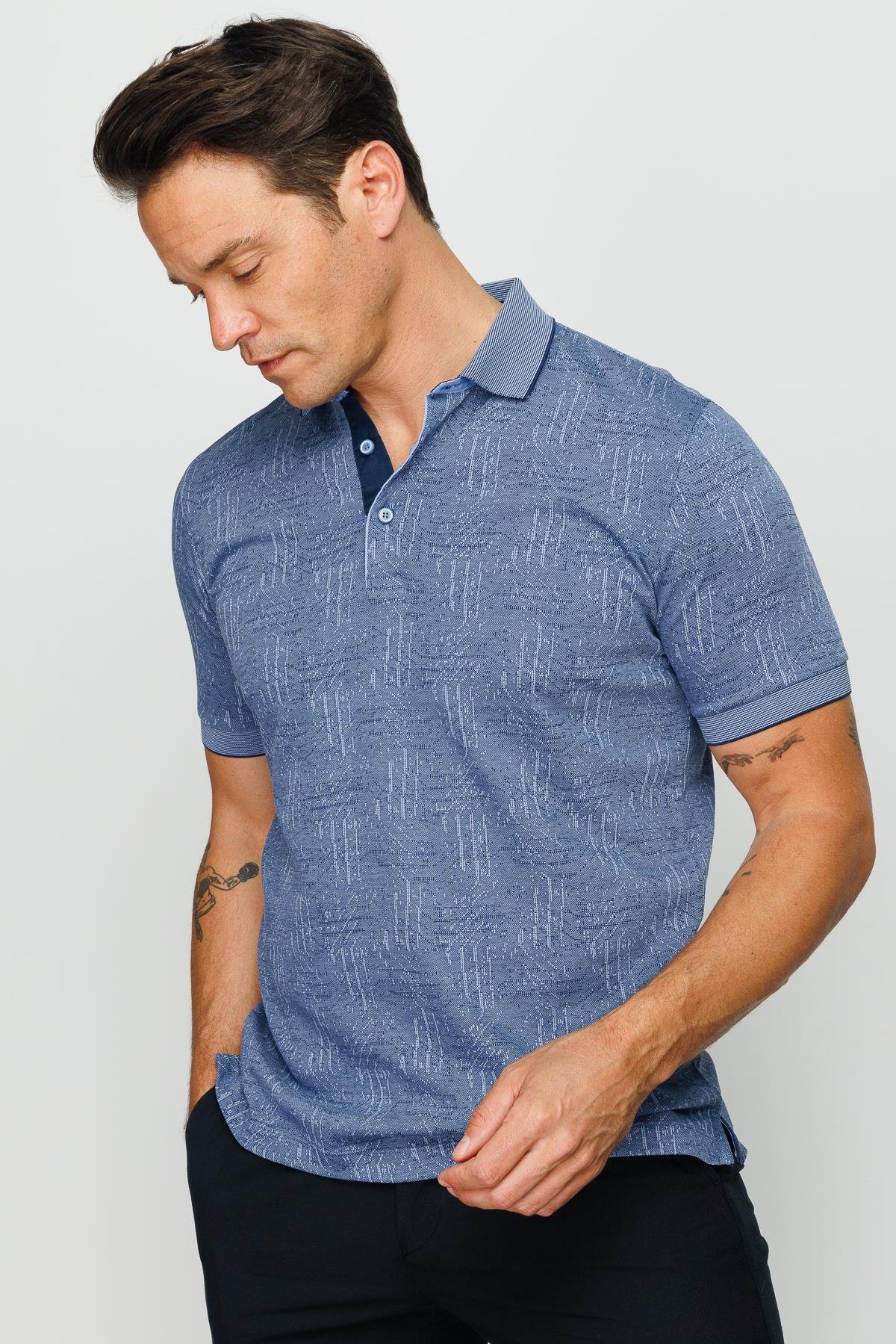 810Erkek Polo Yaka Jakarlı Kısa Kollu T-shirt Lacivert