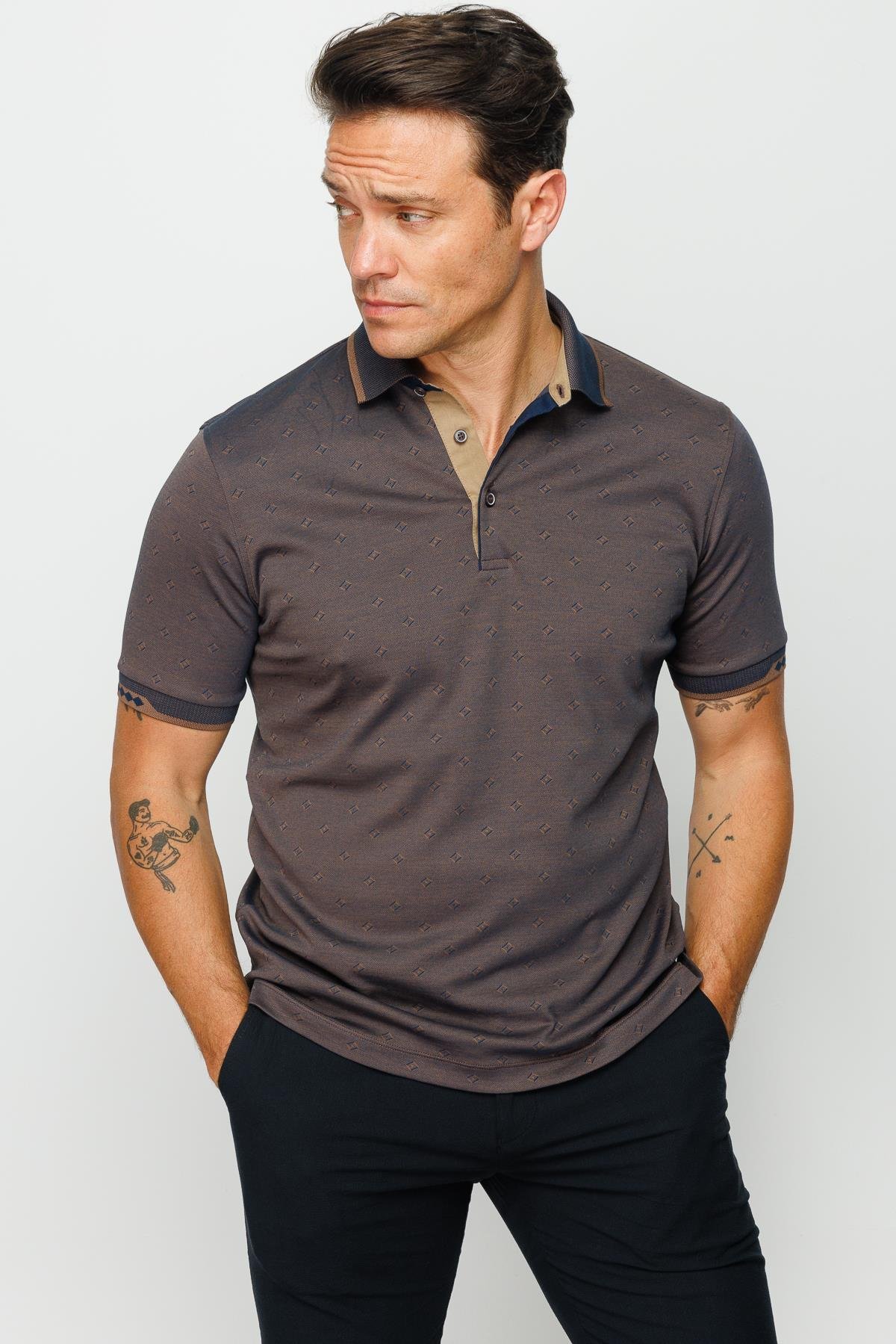 801Erkek Polo Yaka Jakarlı T-shirt Kahve