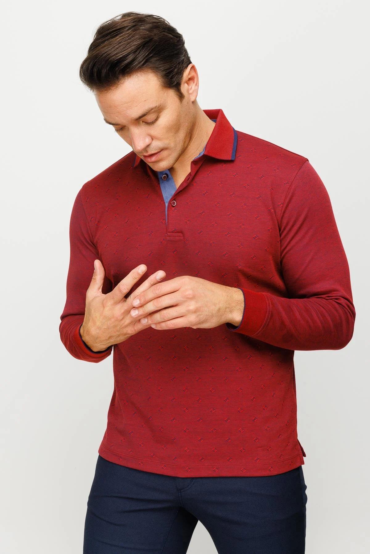 701Erkek Polo Yaka Kare Desenli Uzun Kollu Sweatshirt Bordo