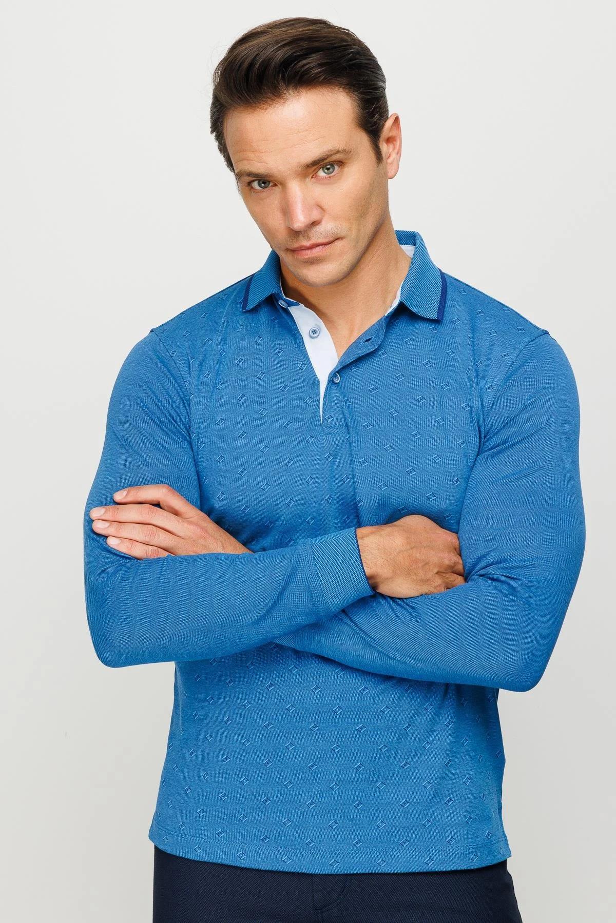 701Erkek Polo Yaka Kare Desenli Uzun Kollu Sweatshirt Saks