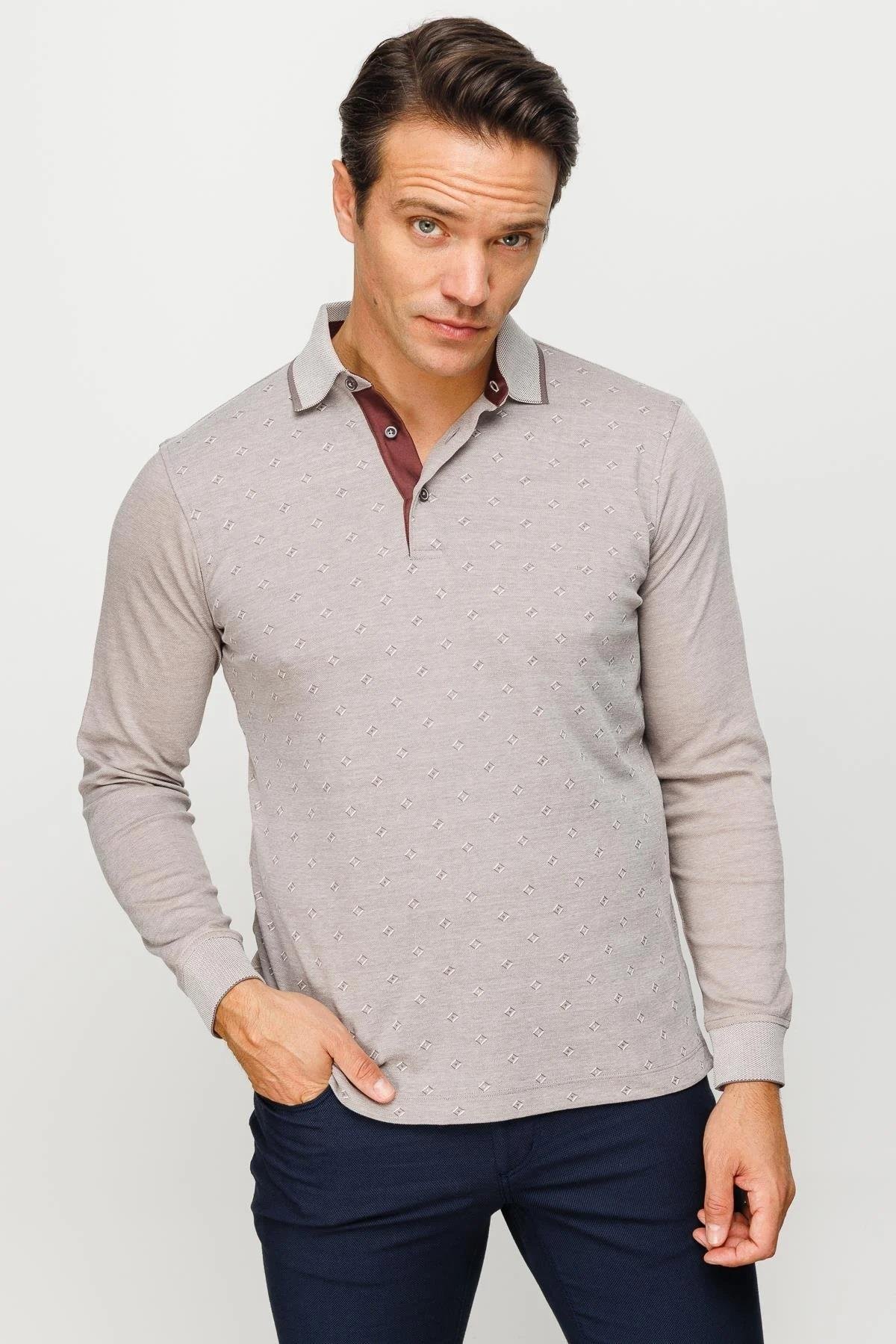 701Erkek Polo Yaka Kare Desenli Uzun Kollu Sweatshirt Bej