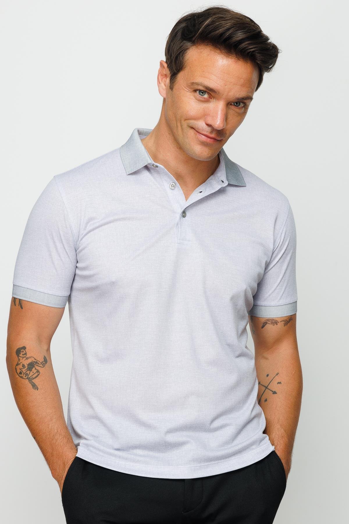 401Erkek Polo Yaka Keten Baskılı T-shirt Gri