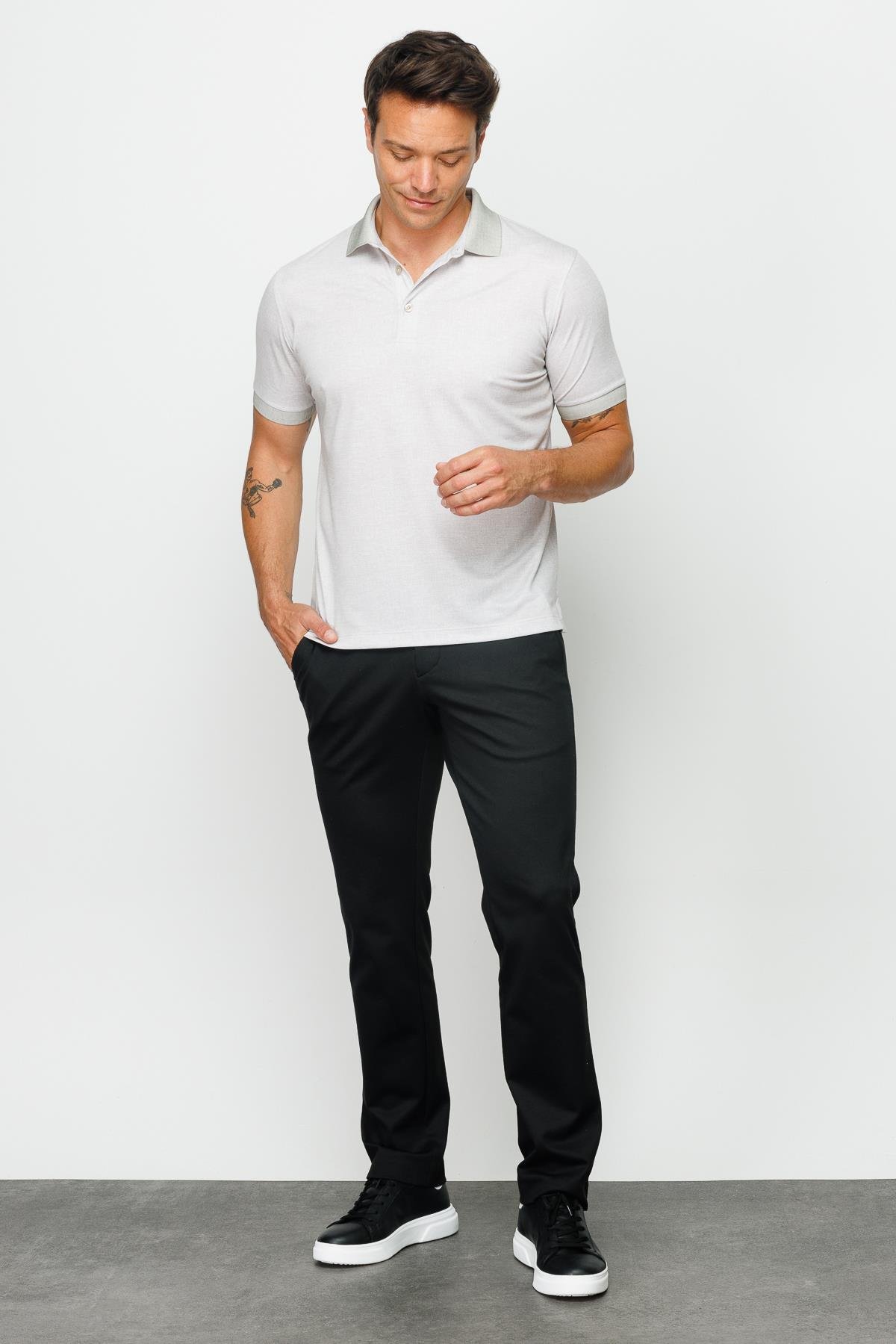 401Erkek Polo Yaka Keten Baskılı T-shirt Bej