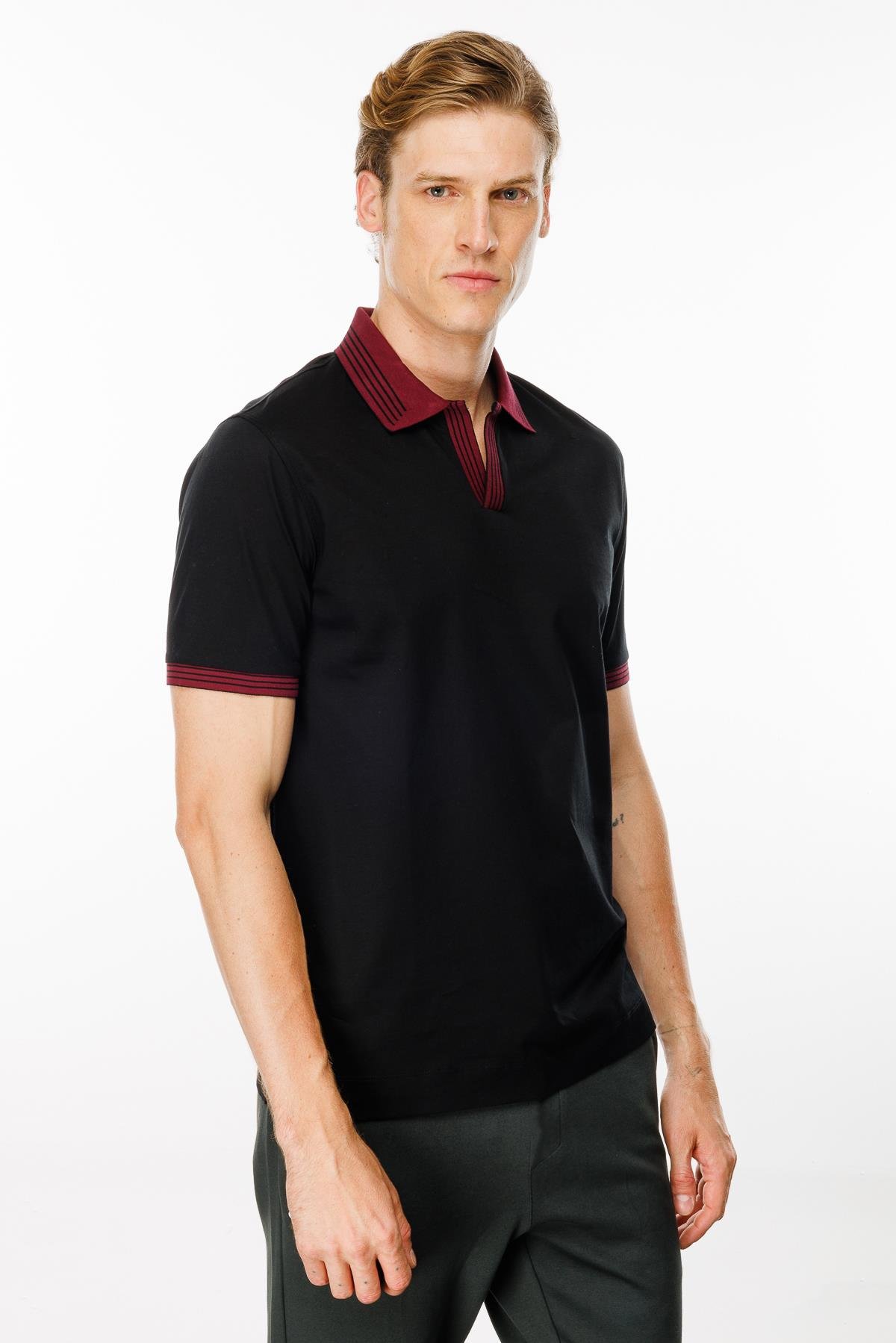 MTA 05Erkek Polo Yaka Kolu ve Yakası Çizgili T-shirt Siyah