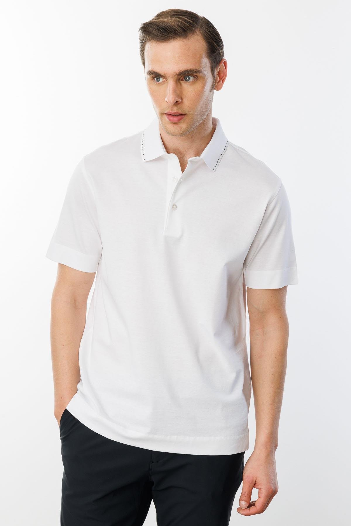 25747Erkek Polo Yaka Merserize T-shirt Beyaz