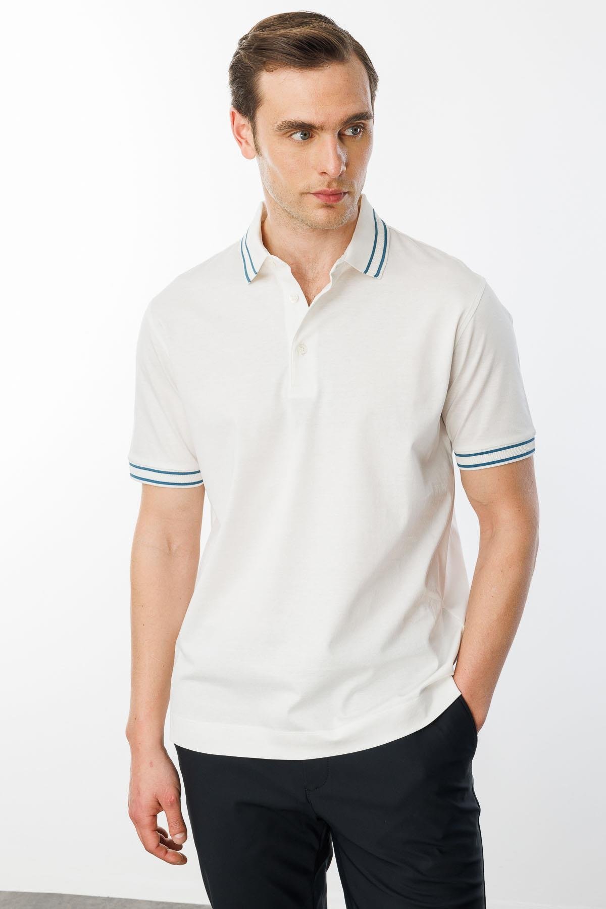 25743Erkek Polo Yaka Merserize T-shirt Beyaz