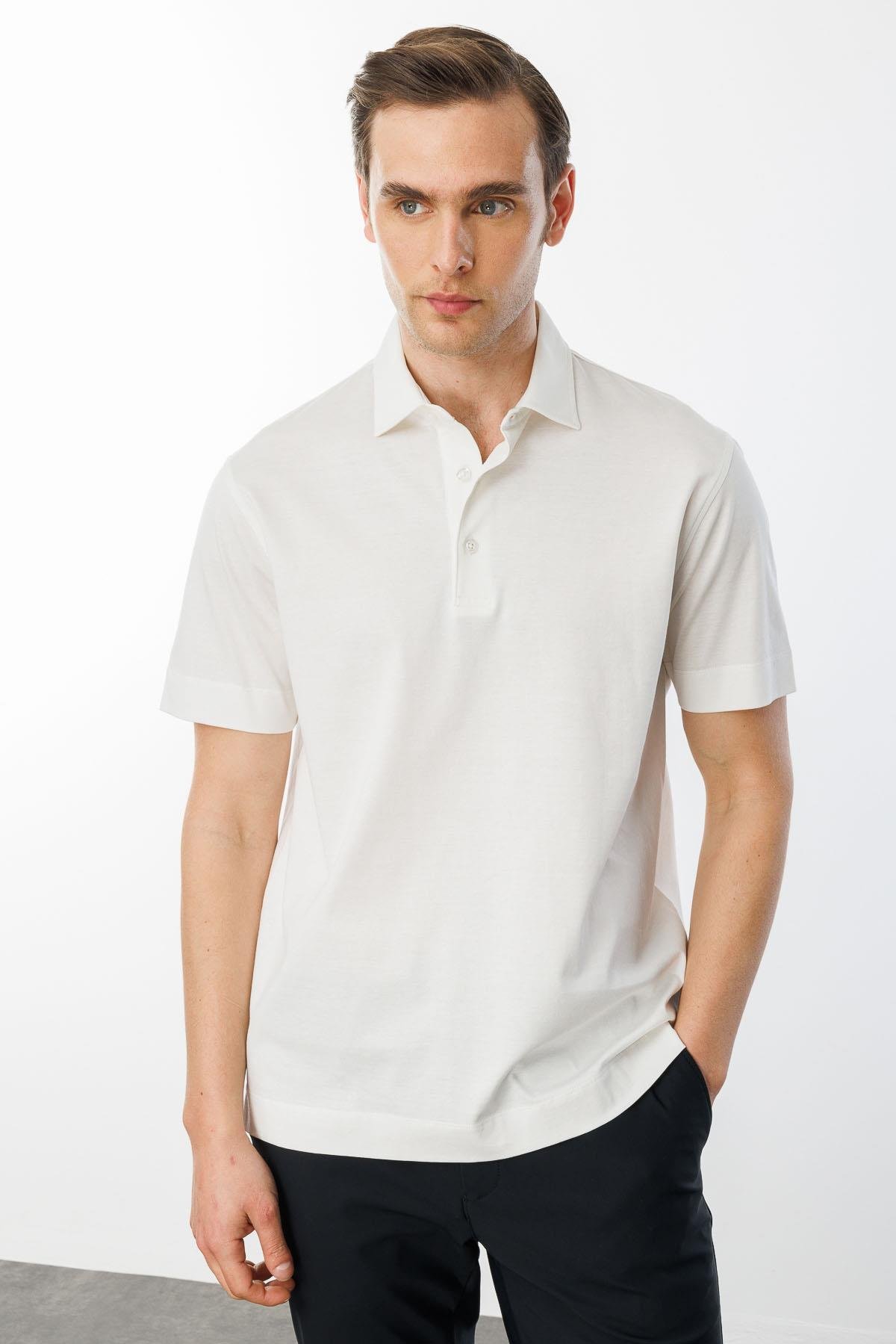 25746Erkek Polo Yaka Merserize T-shirt K.Beyaz