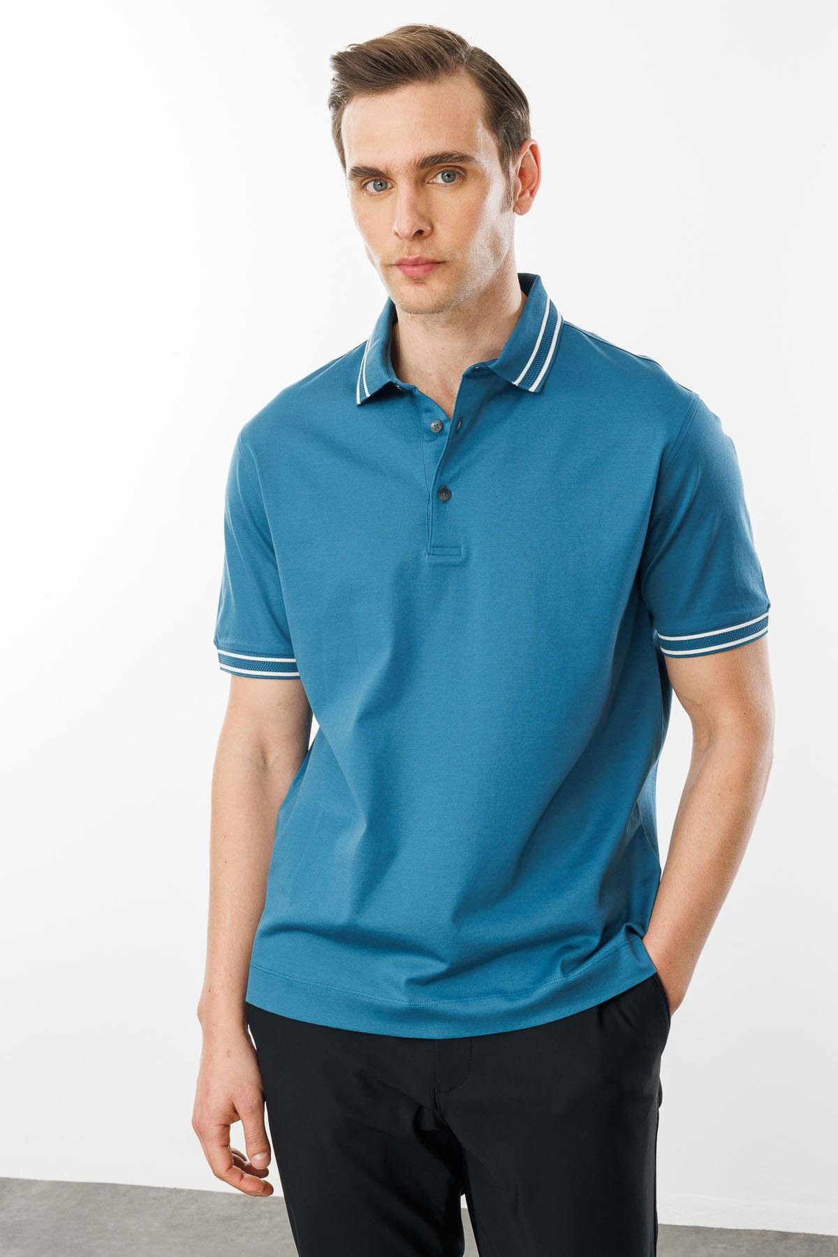 25743Erkek Polo Yaka Merserize T-shirt Petrol
