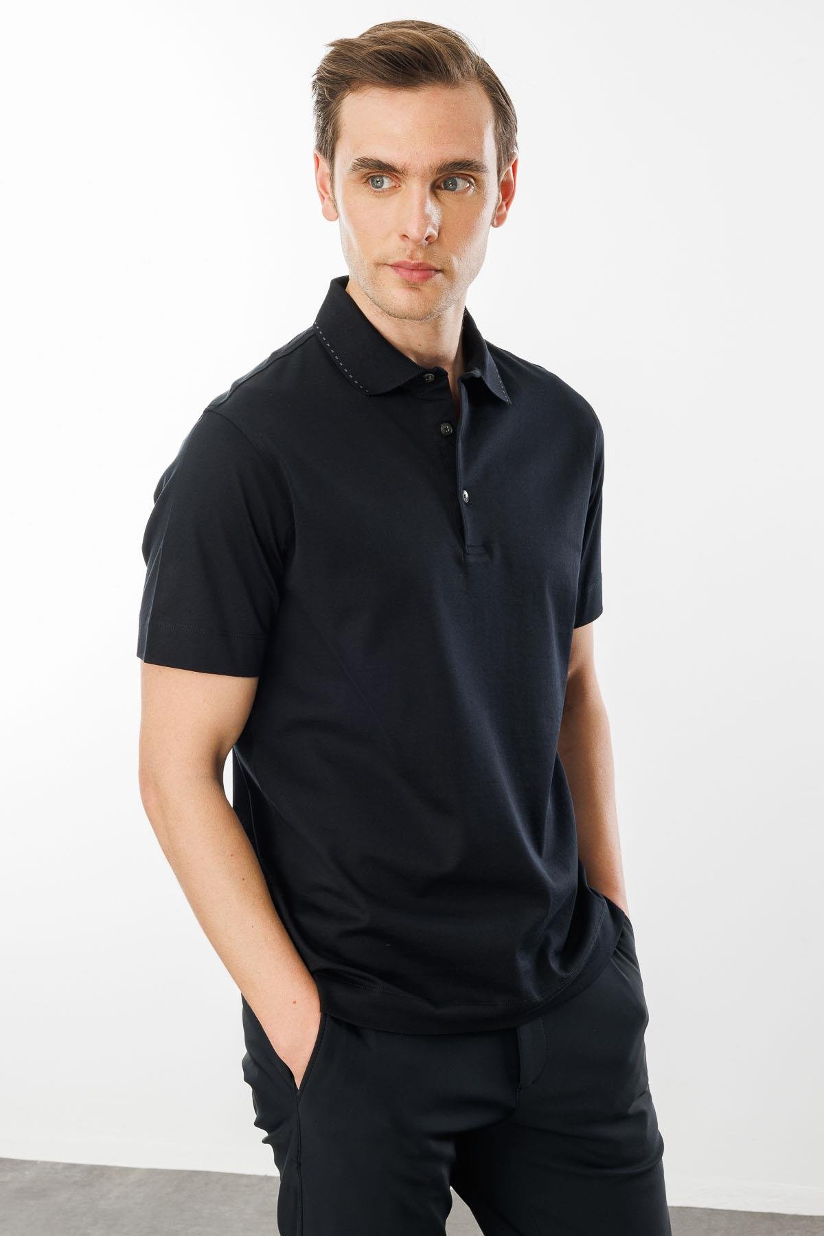 25747Erkek Polo Yaka Merserize T-shirt Siyah