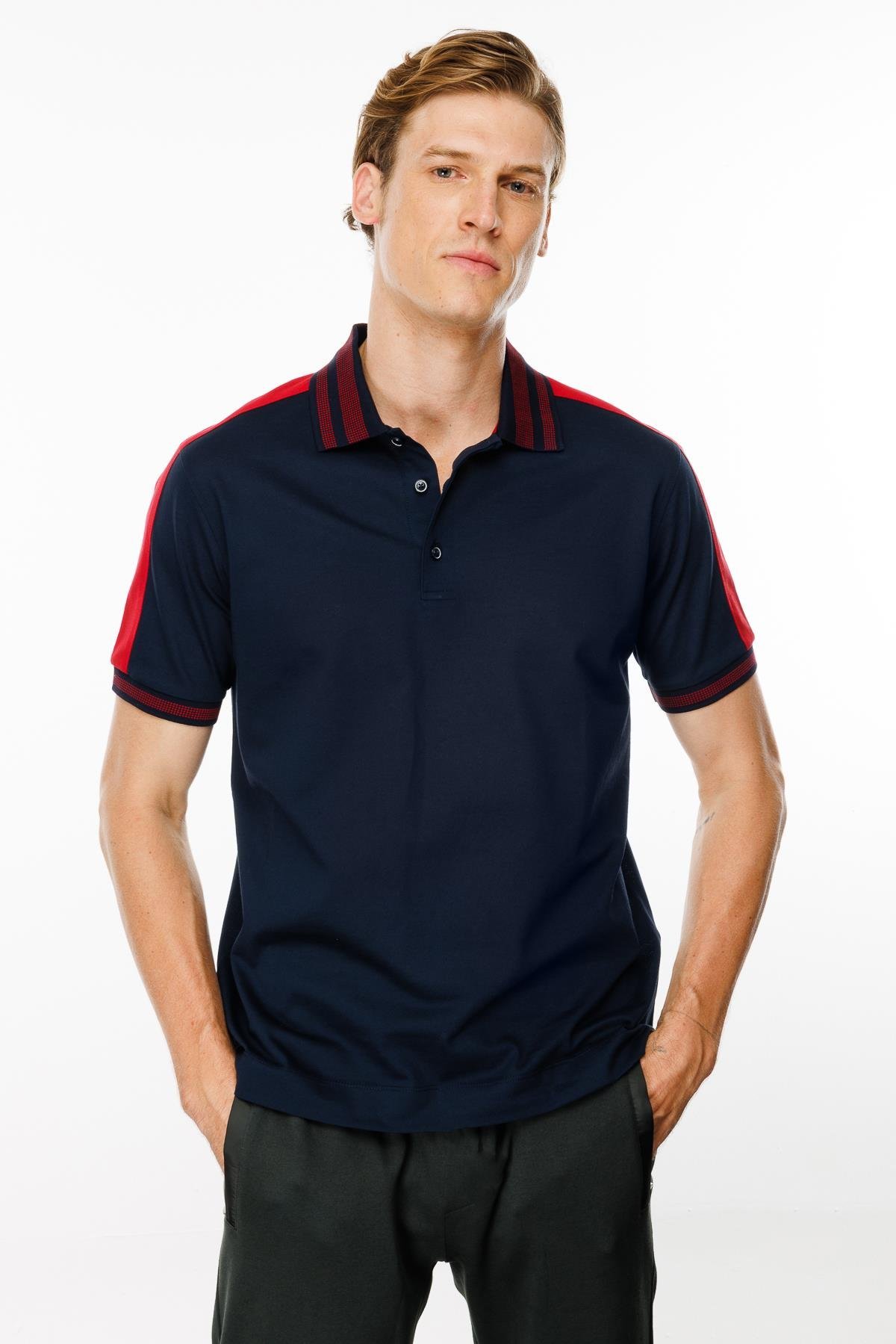 MTA 19Erkek Polo Yaka Omuzu Şeritli T-shirt Lacivert