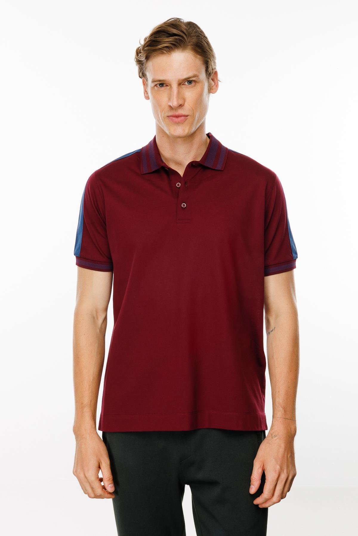 MTA 19Erkek Polo Yaka Omuzu Şeritli T-shirt Bordo