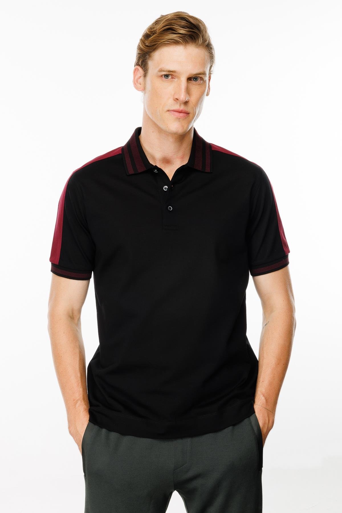 MTA 19Erkek Polo Yaka Omuzu Şeritli T-shirt Siyah