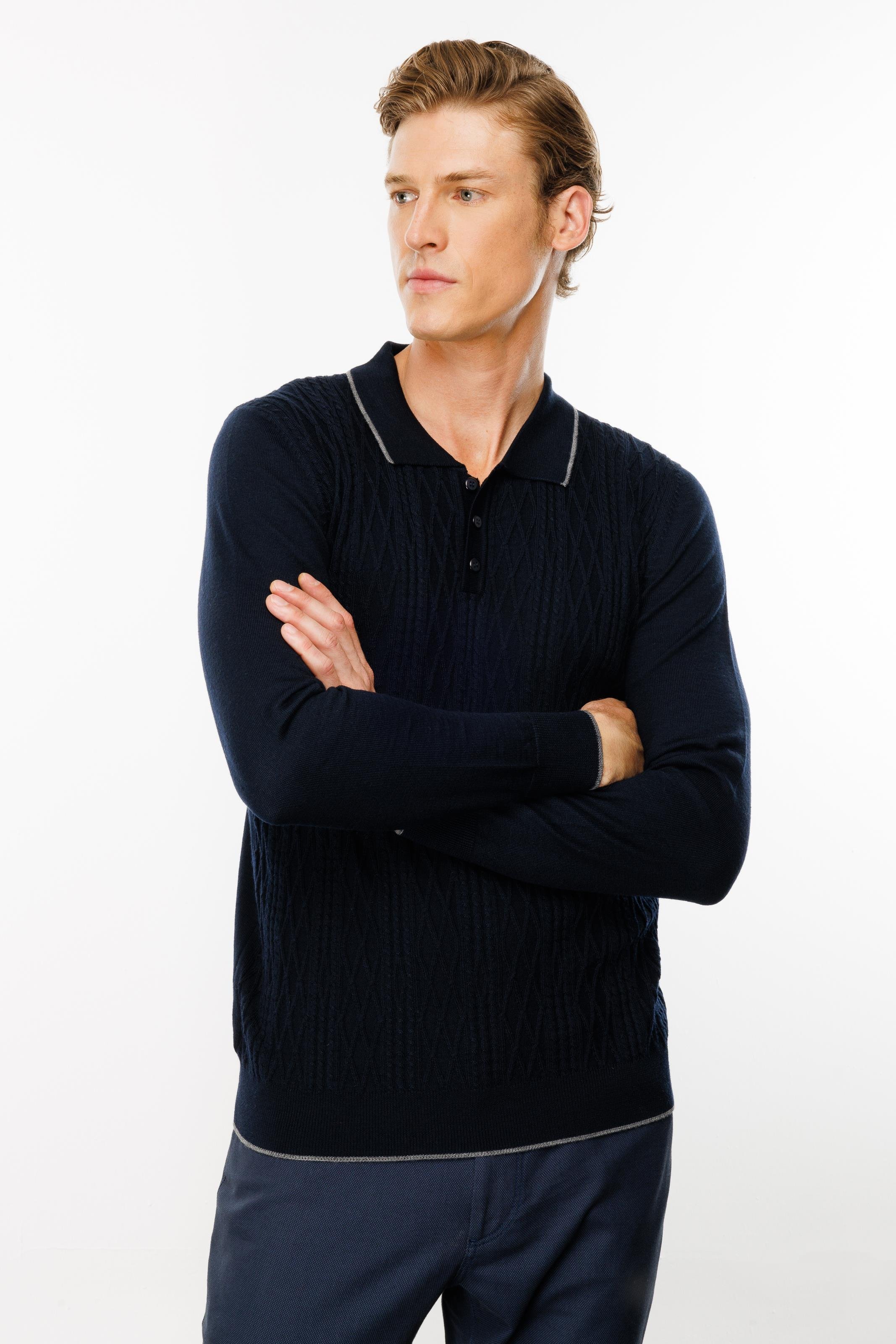 24611Erkek Polo Yaka Önü Baklava Örgü Kazak Lacivert