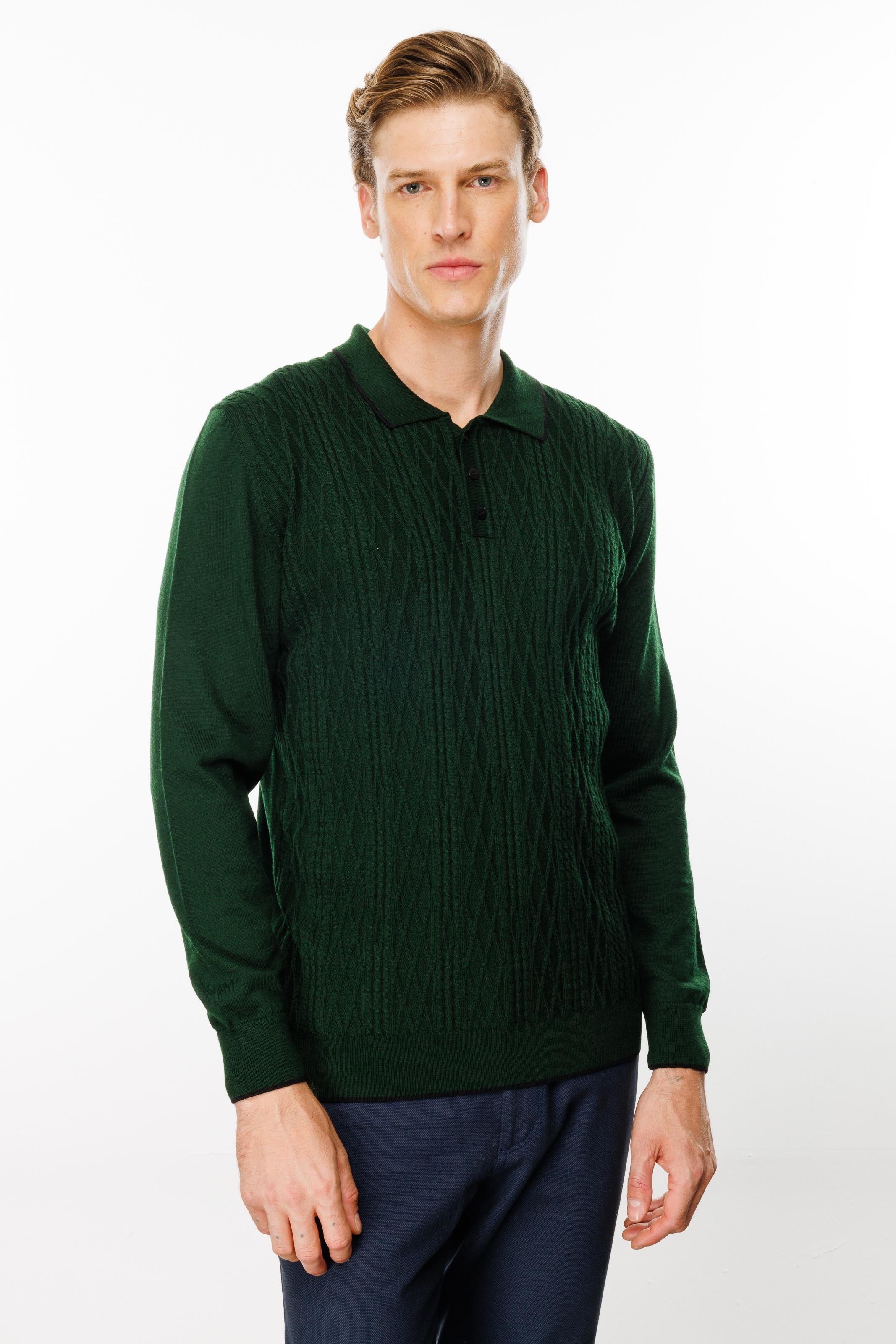 24611Erkek Polo Yaka Önü Baklava Örgü Kazak A.Yeşil