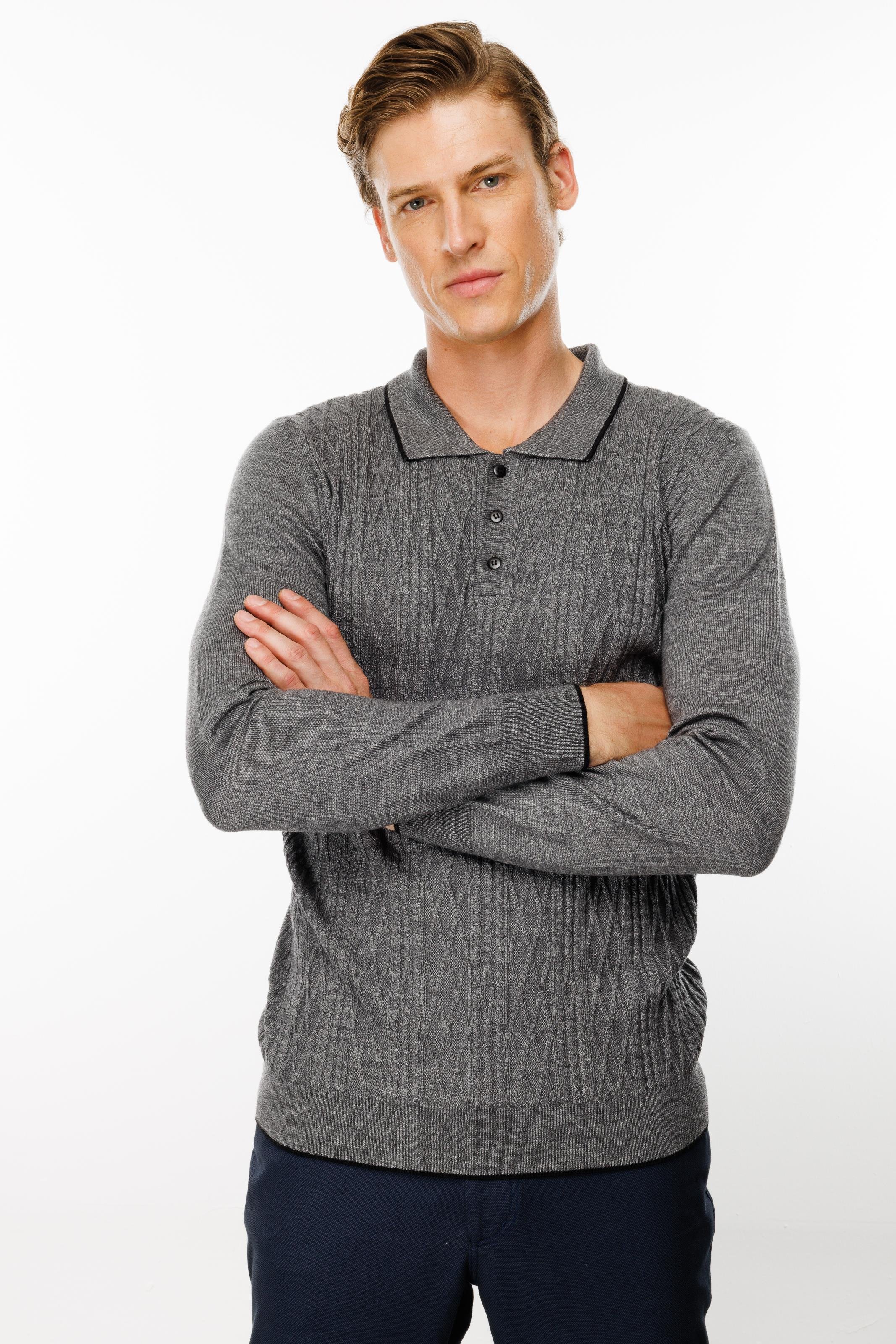 24611Erkek Polo Yaka Önü Baklava Örgü Kazak Füme