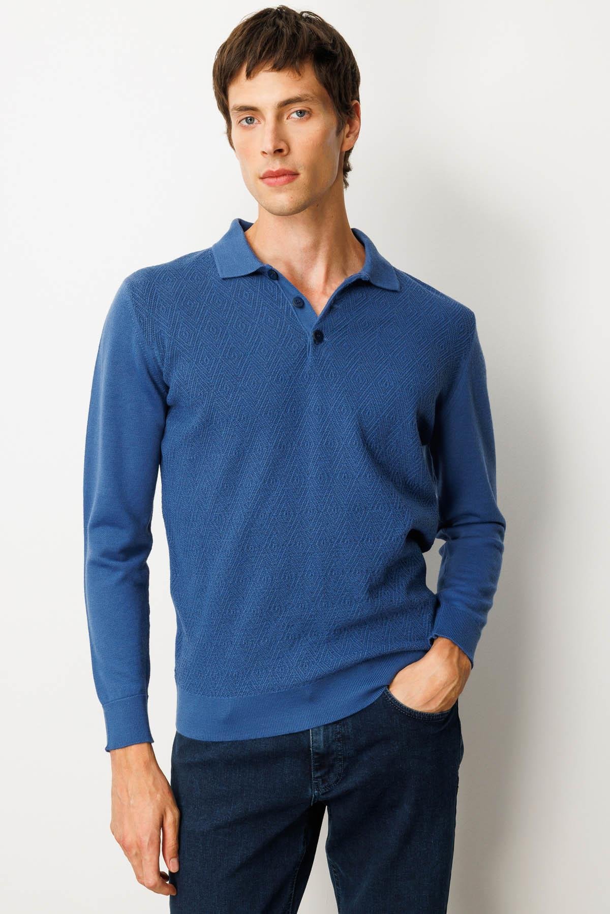 25608Erkek Polo Yaka Önü Baklavalı Triko Kazak H.Mavi