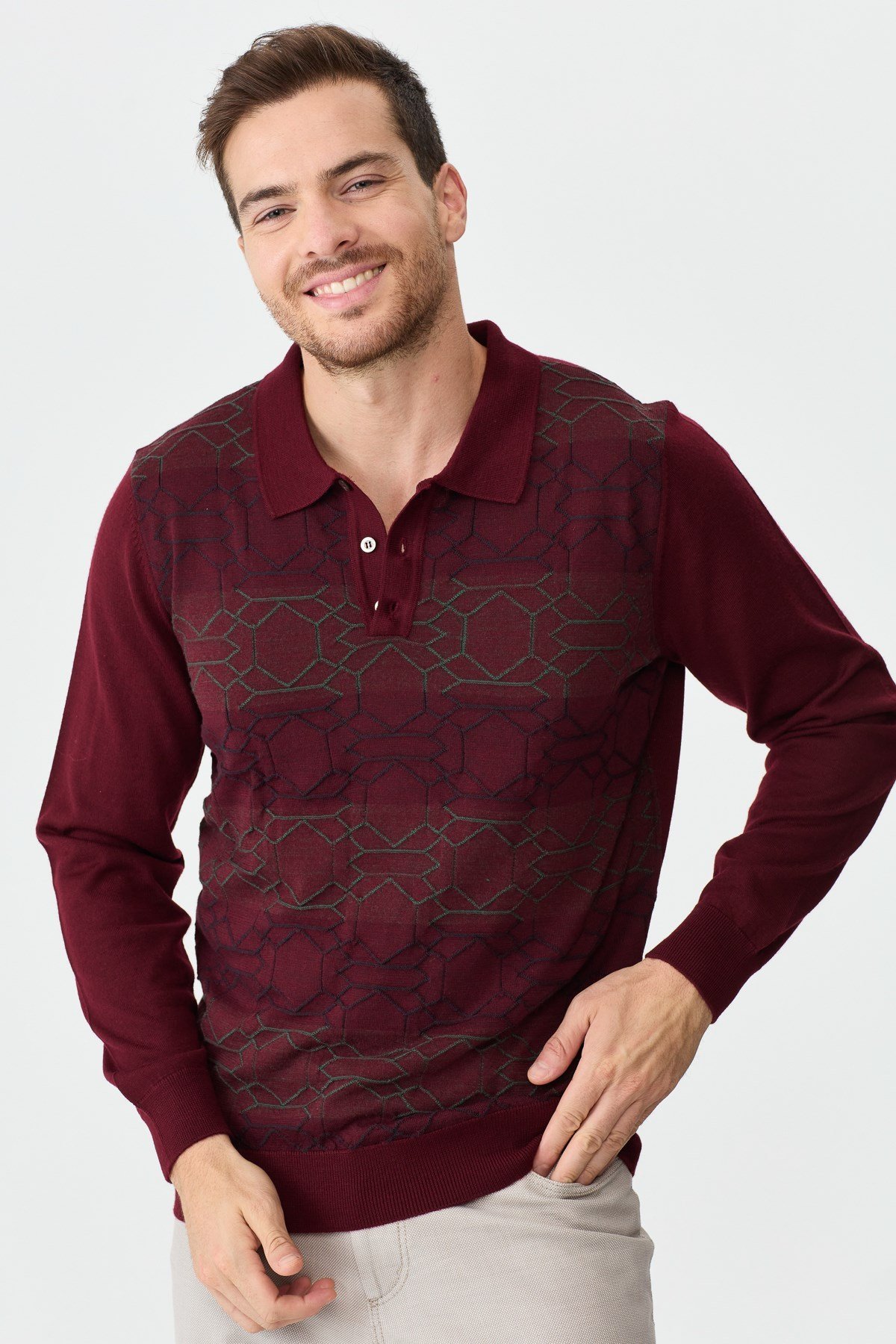 22613Erkek Polo Yaka Önü Desenli Kazak Bordo